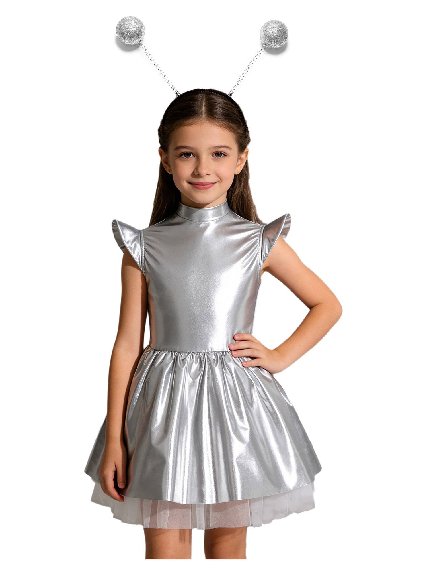 Girls Iridescent 2-Piece Alien Costume Mock Neck Tutu Dress for Halloween