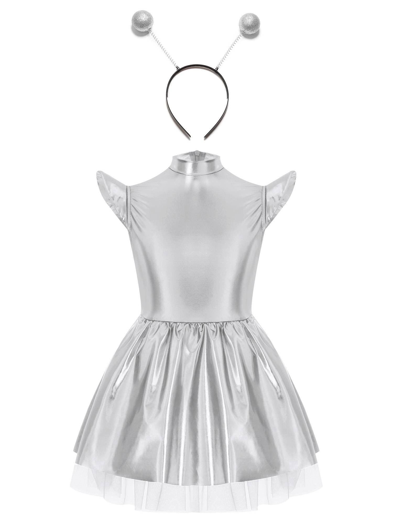 Girls Iridescent 2-Piece Alien Costume Mock Neck Tutu Dress for Halloween