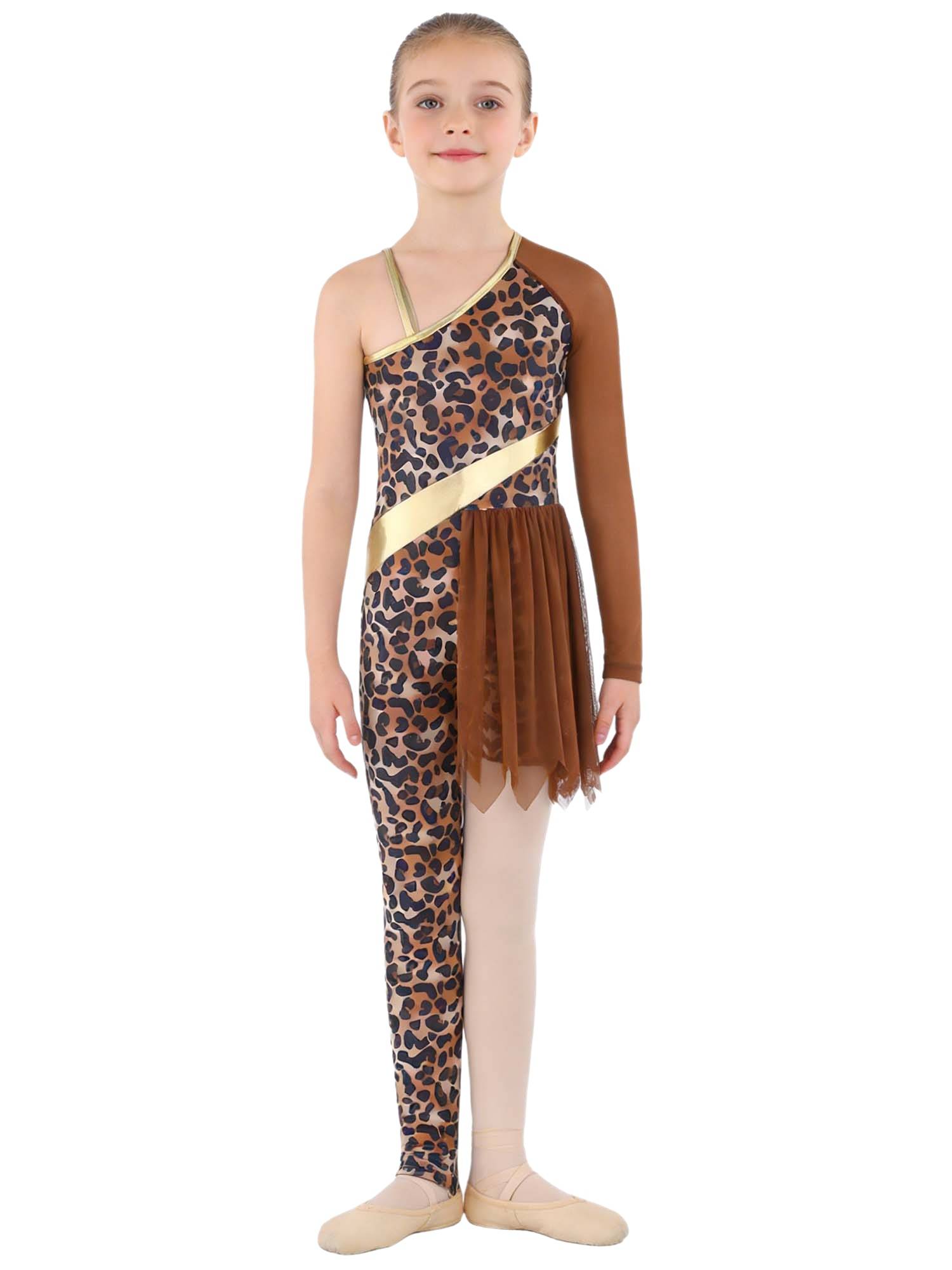 Kids Cavegirl Gymnastics Leotard Leopard Print Asymmetrical Jumpsuit