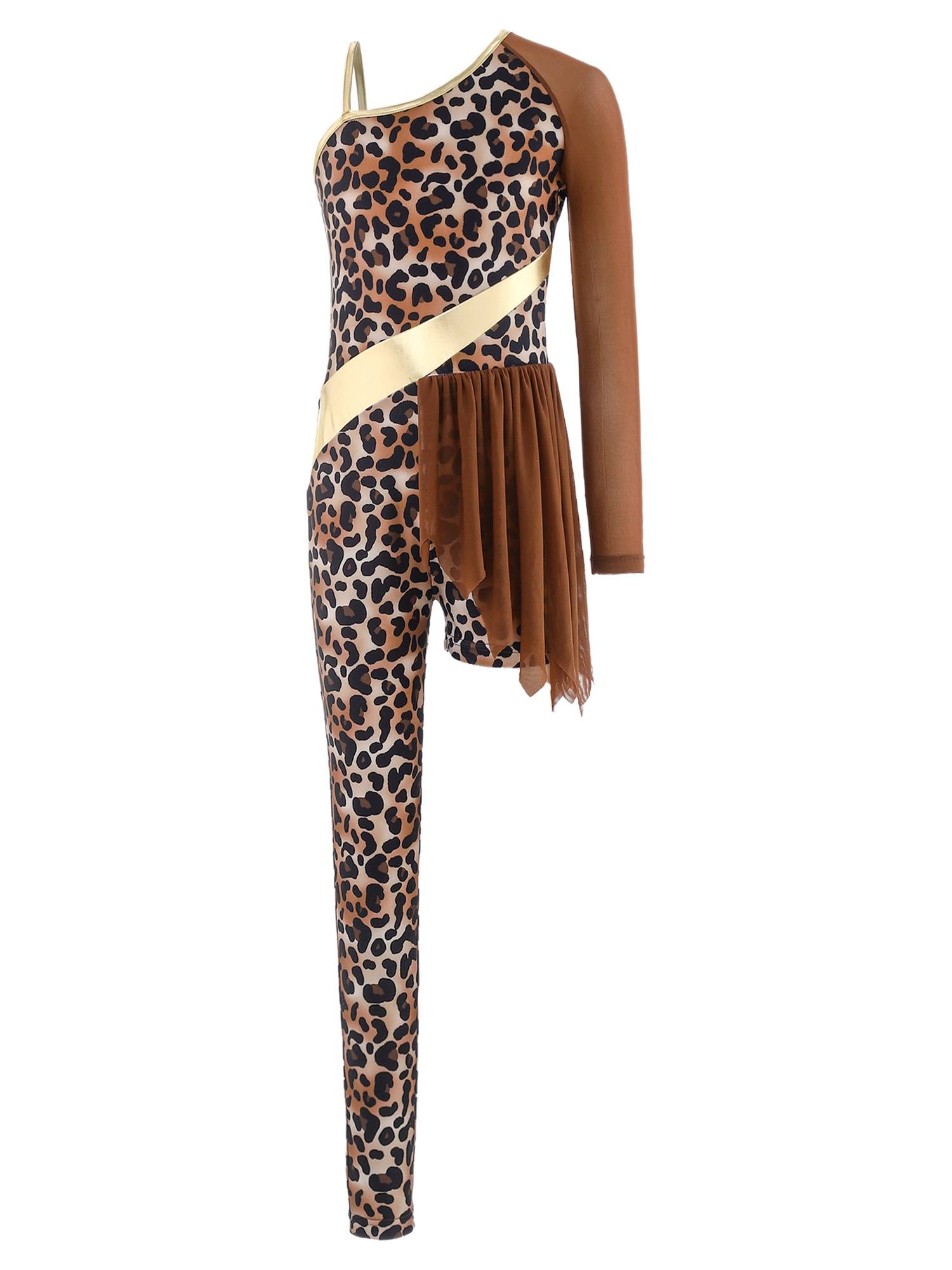 Kids Cavegirl Gymnastics Leotard Leopard Print Asymmetrical Jumpsuit