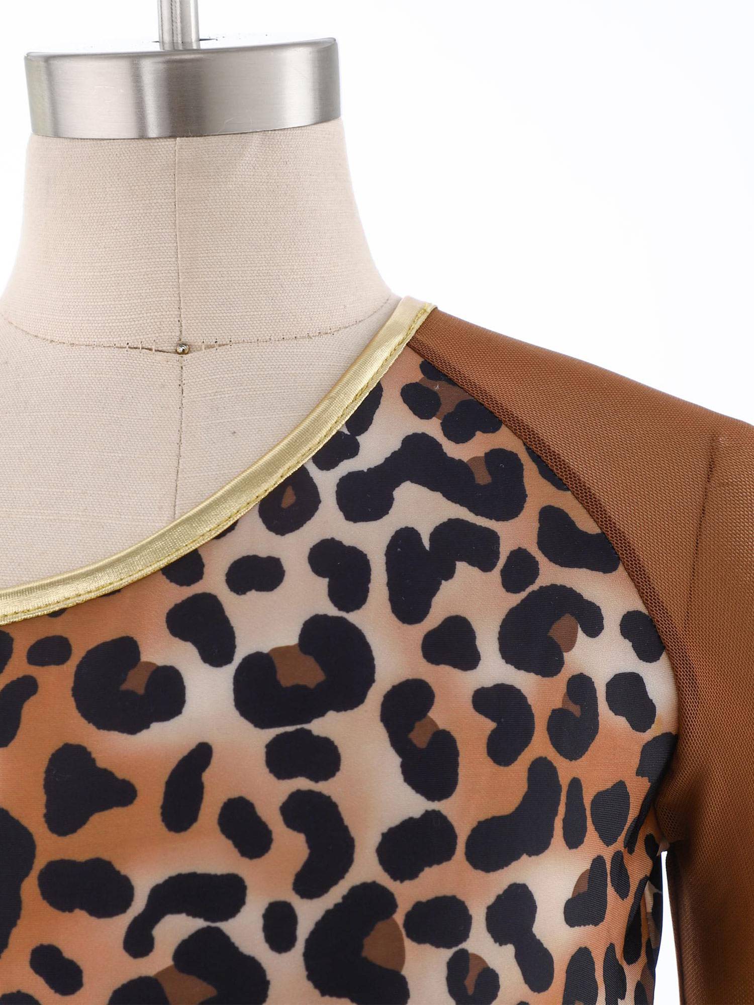 Kids Cavegirl Gymnastics Leotard Leopard Print Asymmetrical Jumpsuit