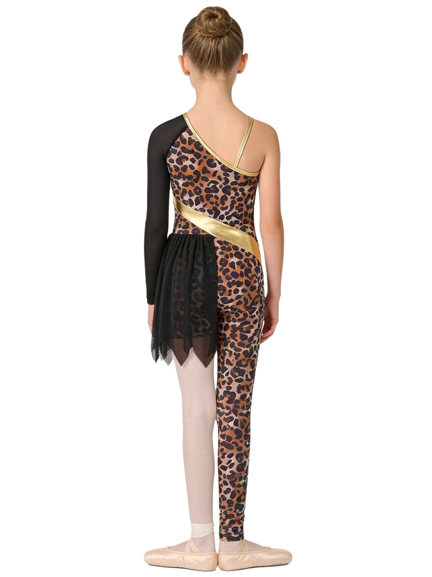 Kids Cavegirl Gymnastics Leotard Leopard Print Asymmetrical Jumpsuit