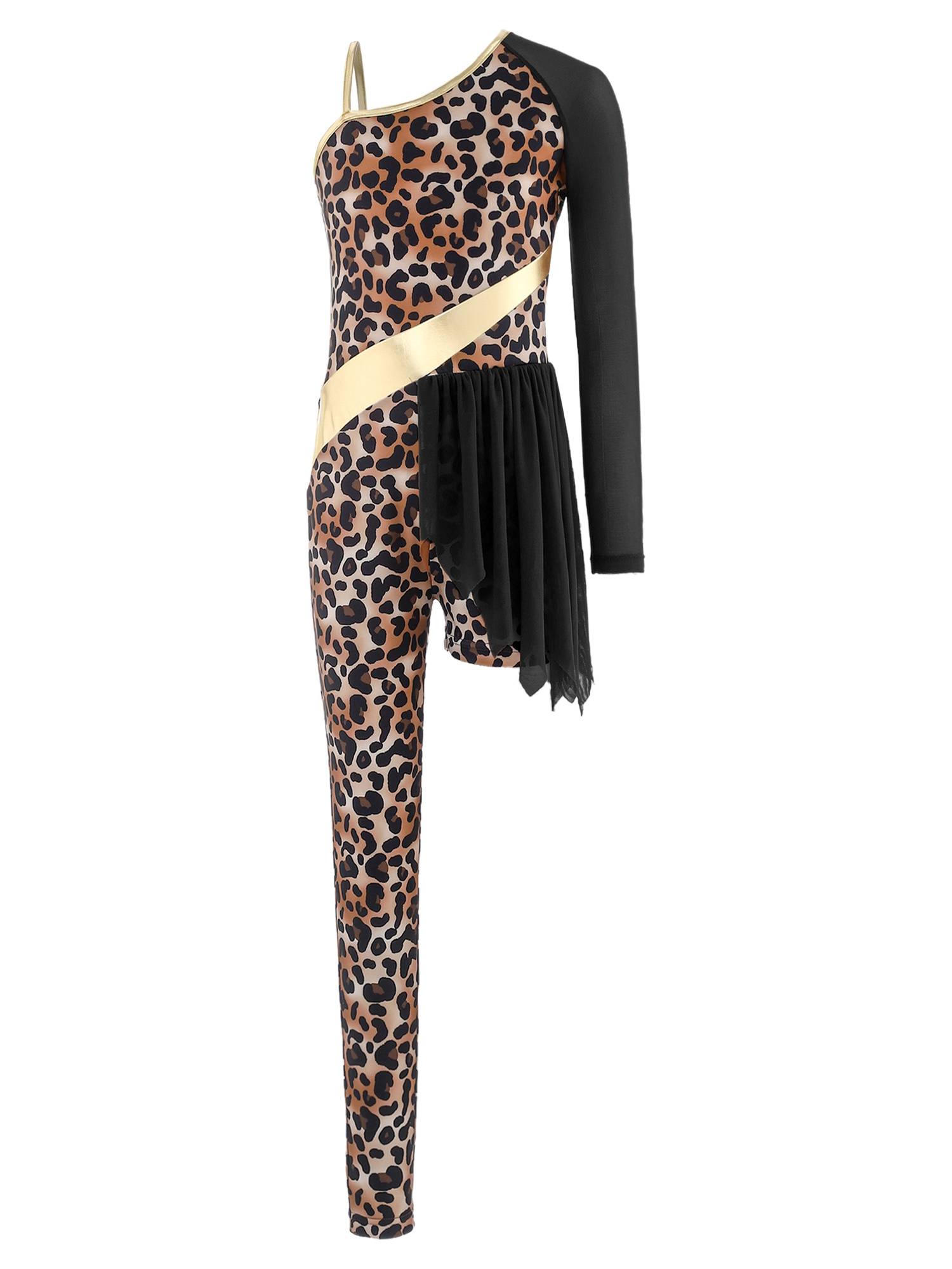 Kids Cavegirl Gymnastics Leotard Leopard Print Asymmetrical Jumpsuit