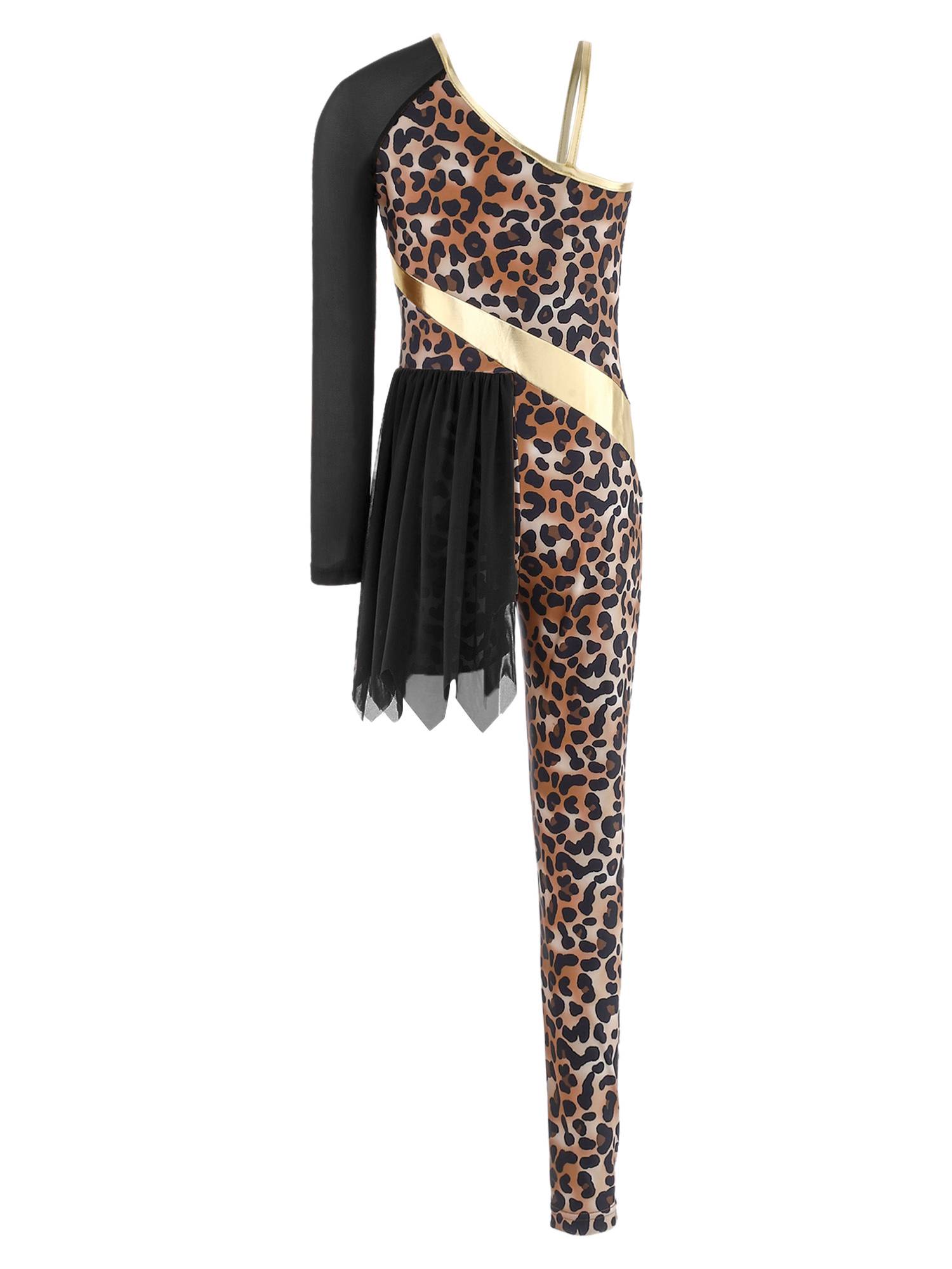 Kids Cavegirl Gymnastics Leotard Leopard Print Asymmetrical Jumpsuit