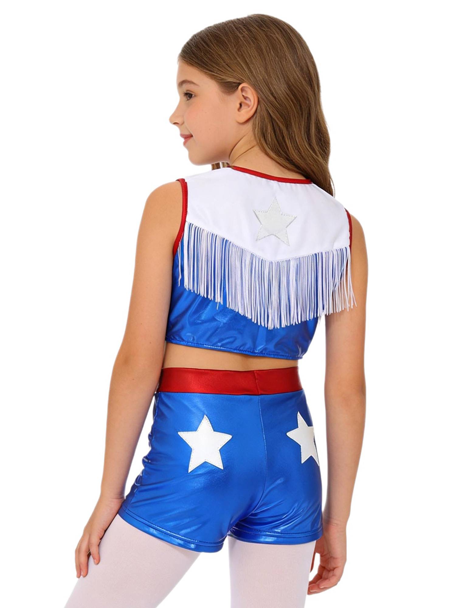 Girls Cowgirl 2-Piece Cheer Set Sequin Fringe Top with Shorts for Halloween