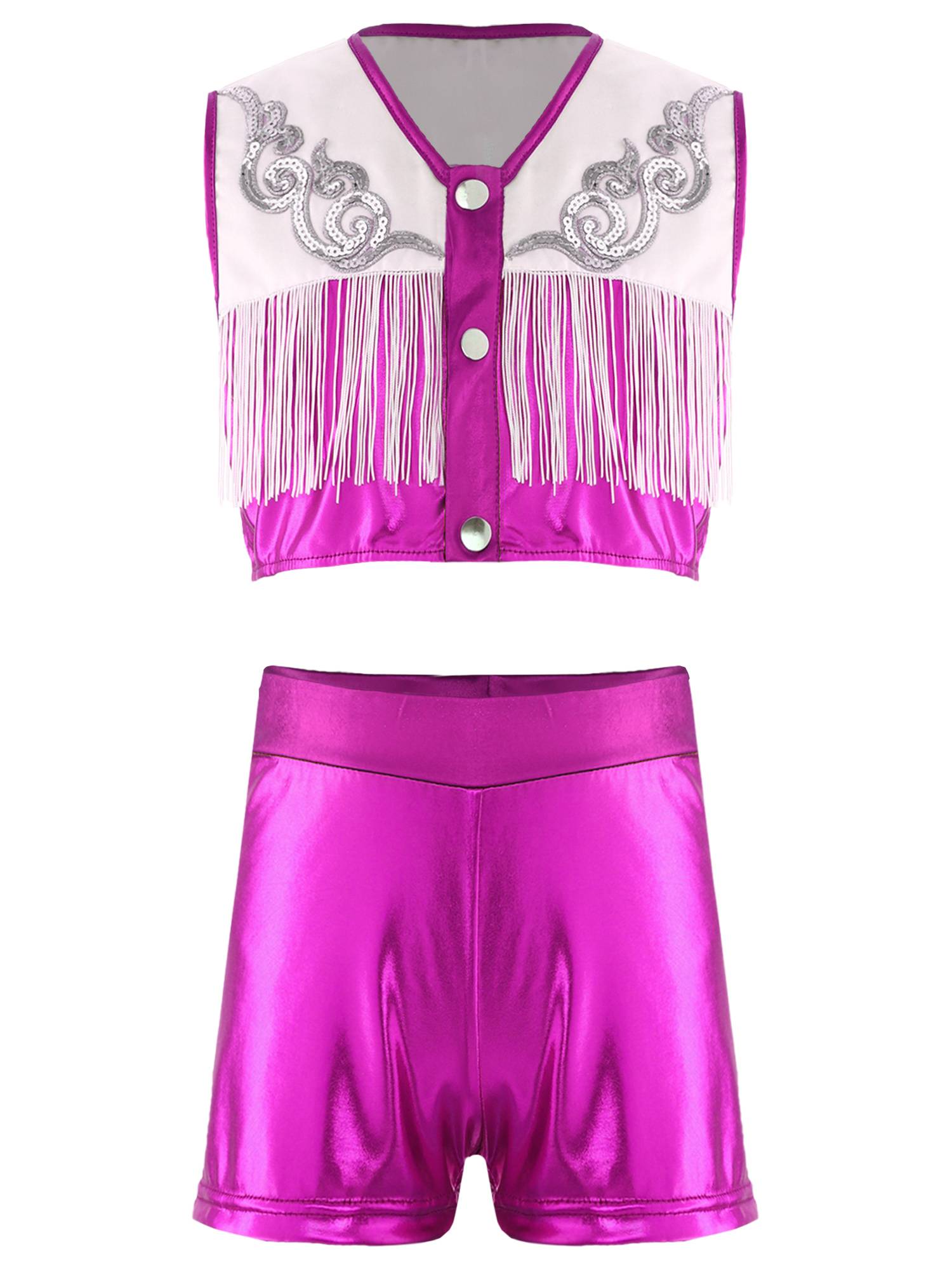 Girls Cowgirl 2-Piece Cheer Set Sequin Fringe Top with Shorts for Halloween