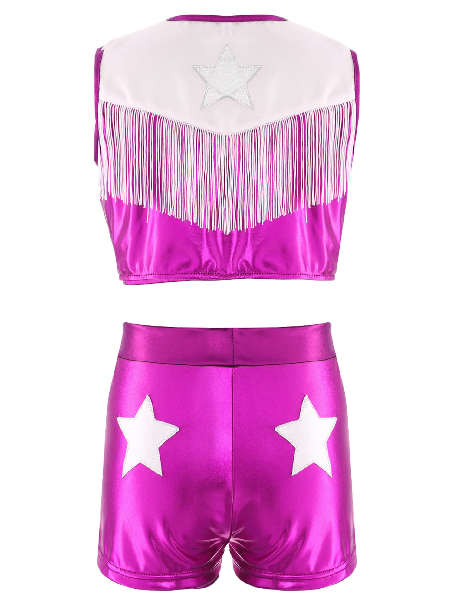 Girls Cowgirl 2-Piece Cheer Set Sequin Fringe Top with Shorts for Halloween