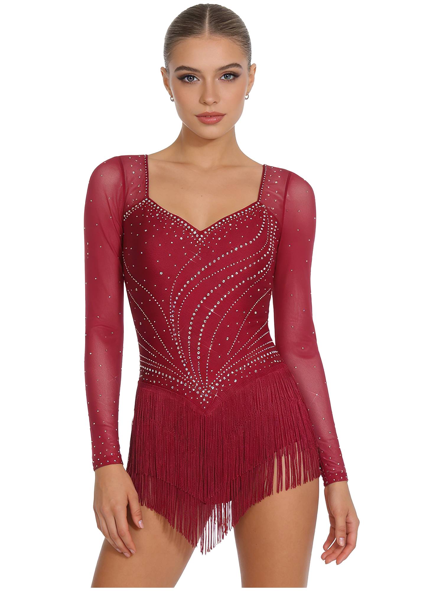 Womens Latin Dance Dress Sparkly Bodysuit for Figure Skating Tango Rumba Dance