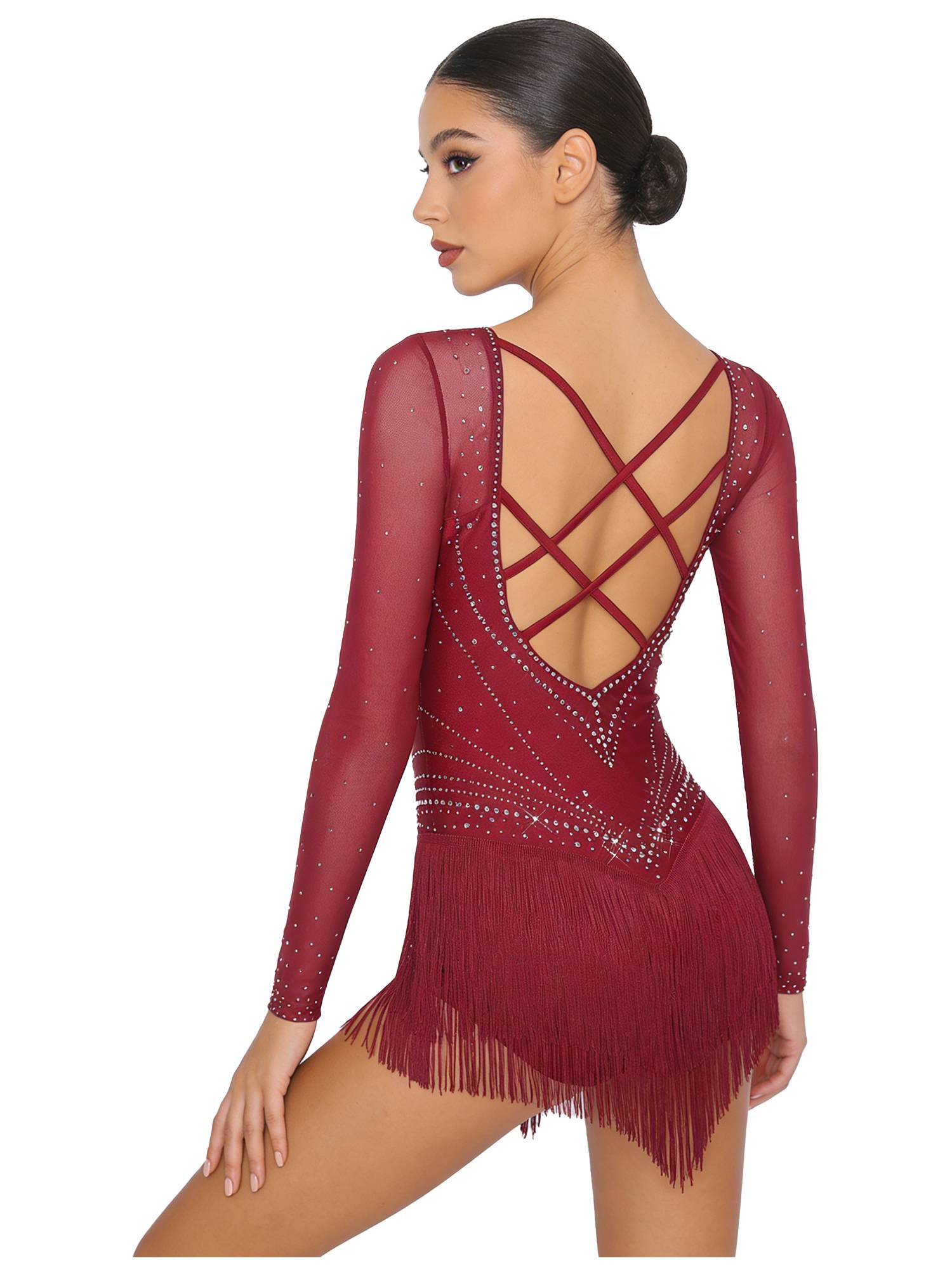 Womens Latin Dance Dress Sparkly Bodysuit for Figure Skating Tango Rumba Dance