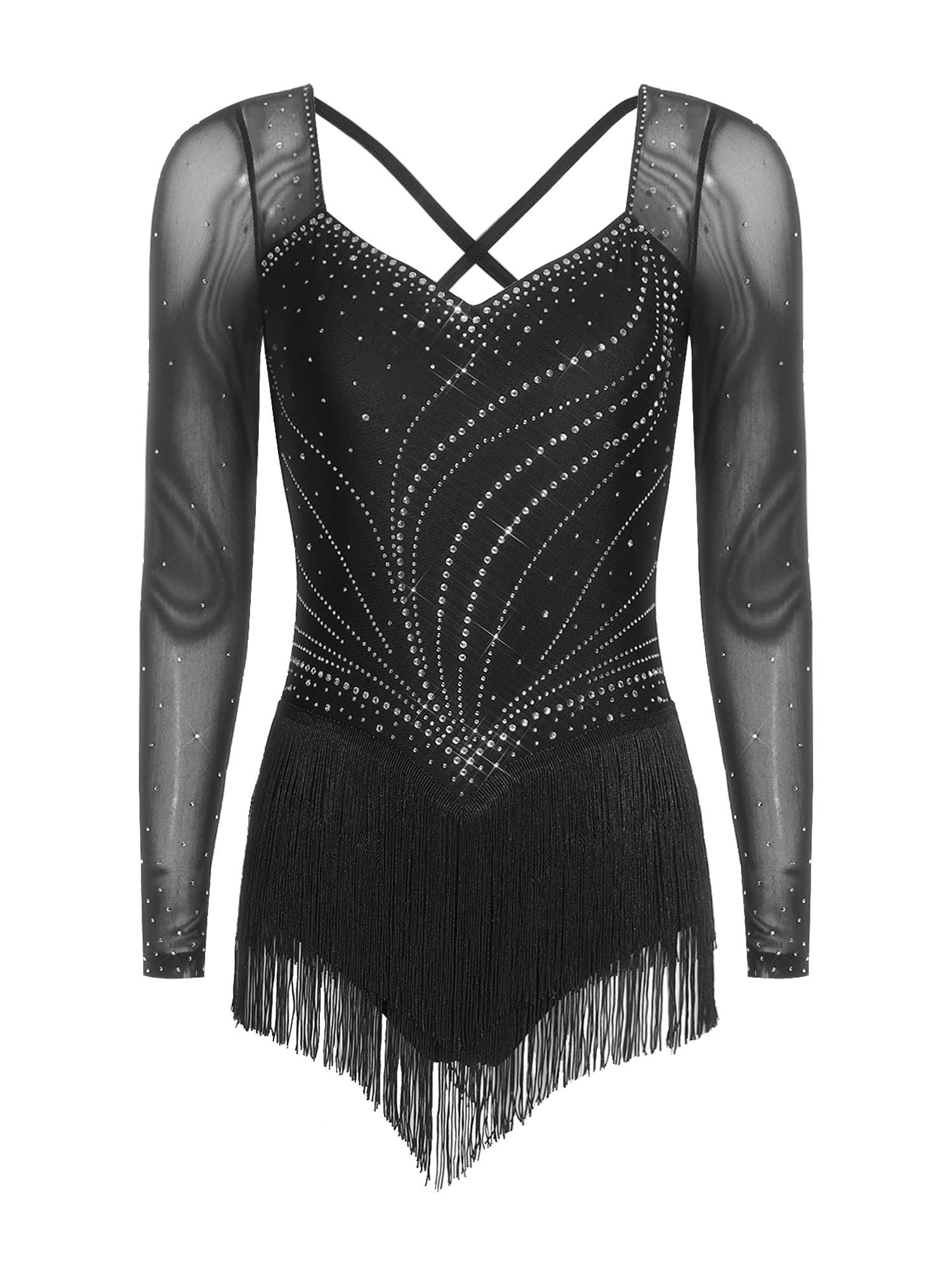Womens Latin Dance Dress Sparkly Bodysuit for Figure Skating Tango Rumba Dance