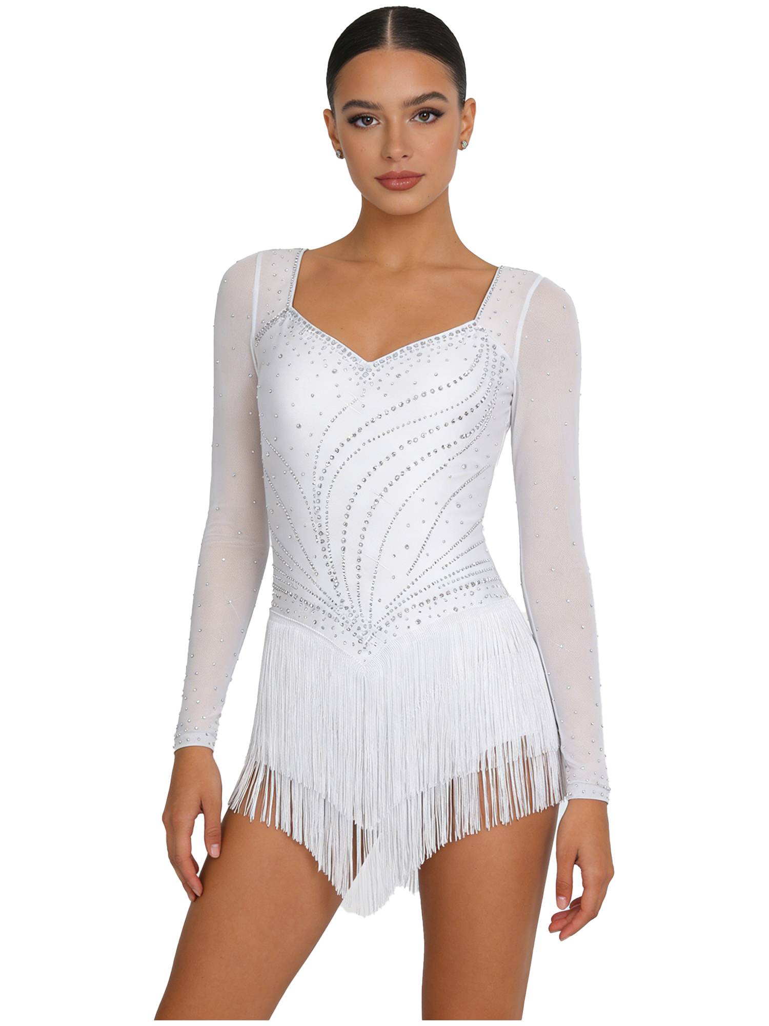 Womens Latin Dance Dress Sparkly Bodysuit for Figure Skating Tango Rumba Dance