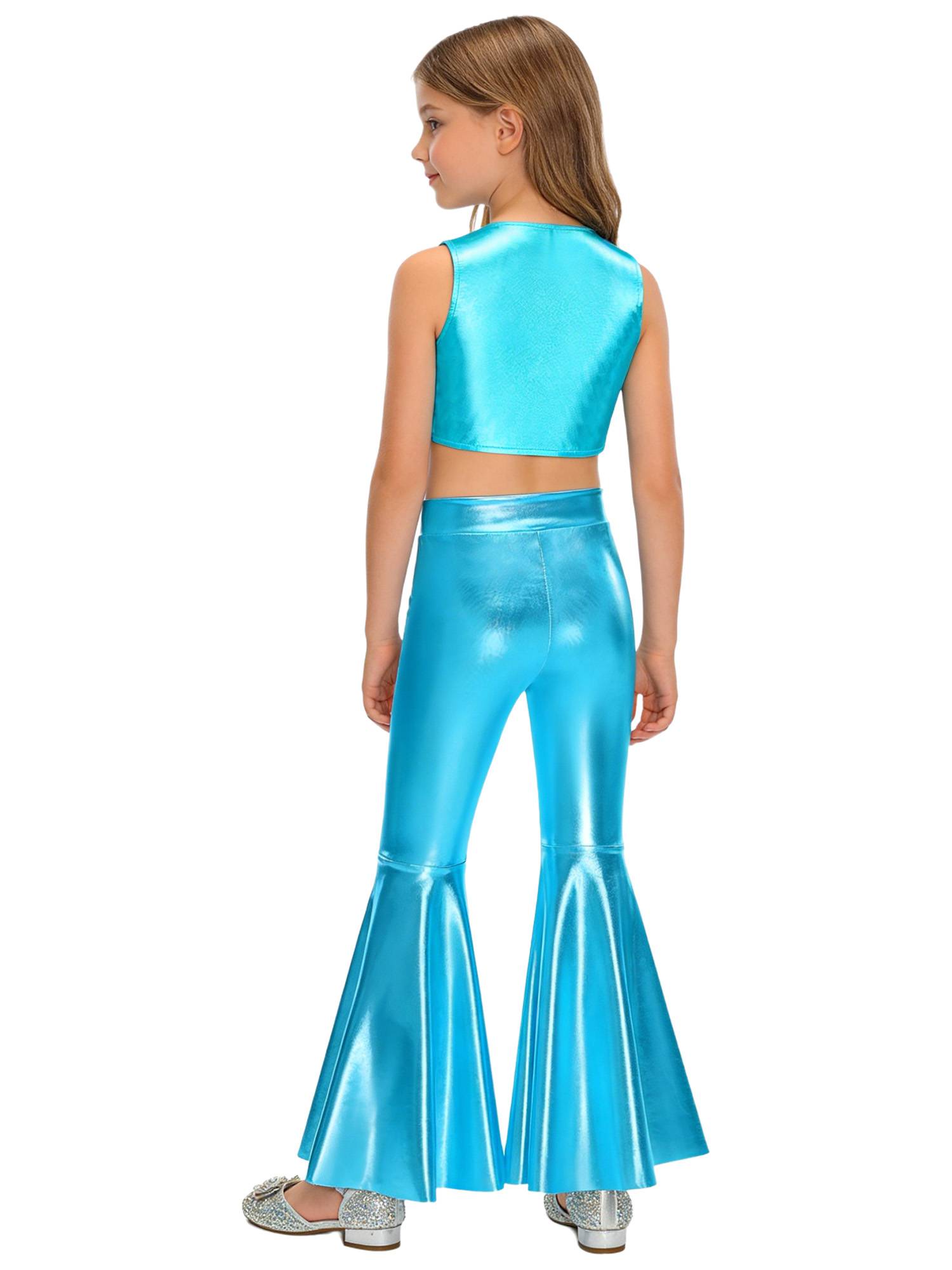 Girls 70s Disco 2-Piece Dance Set Crop Top with Flared Pants for Jazz Hip Hop 