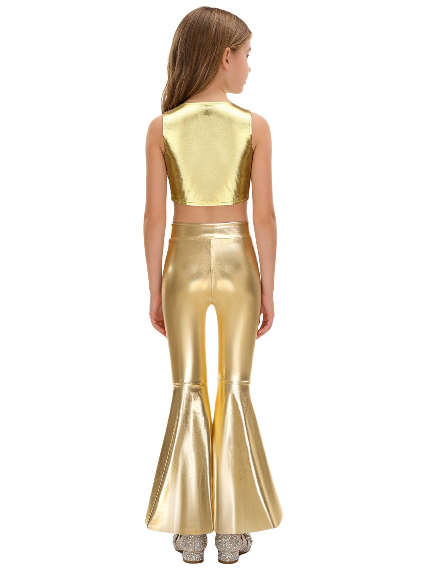 Girls 70s Disco 2-Piece Dance Set Crop Top with Flared Pants for Jazz Hip Hop 