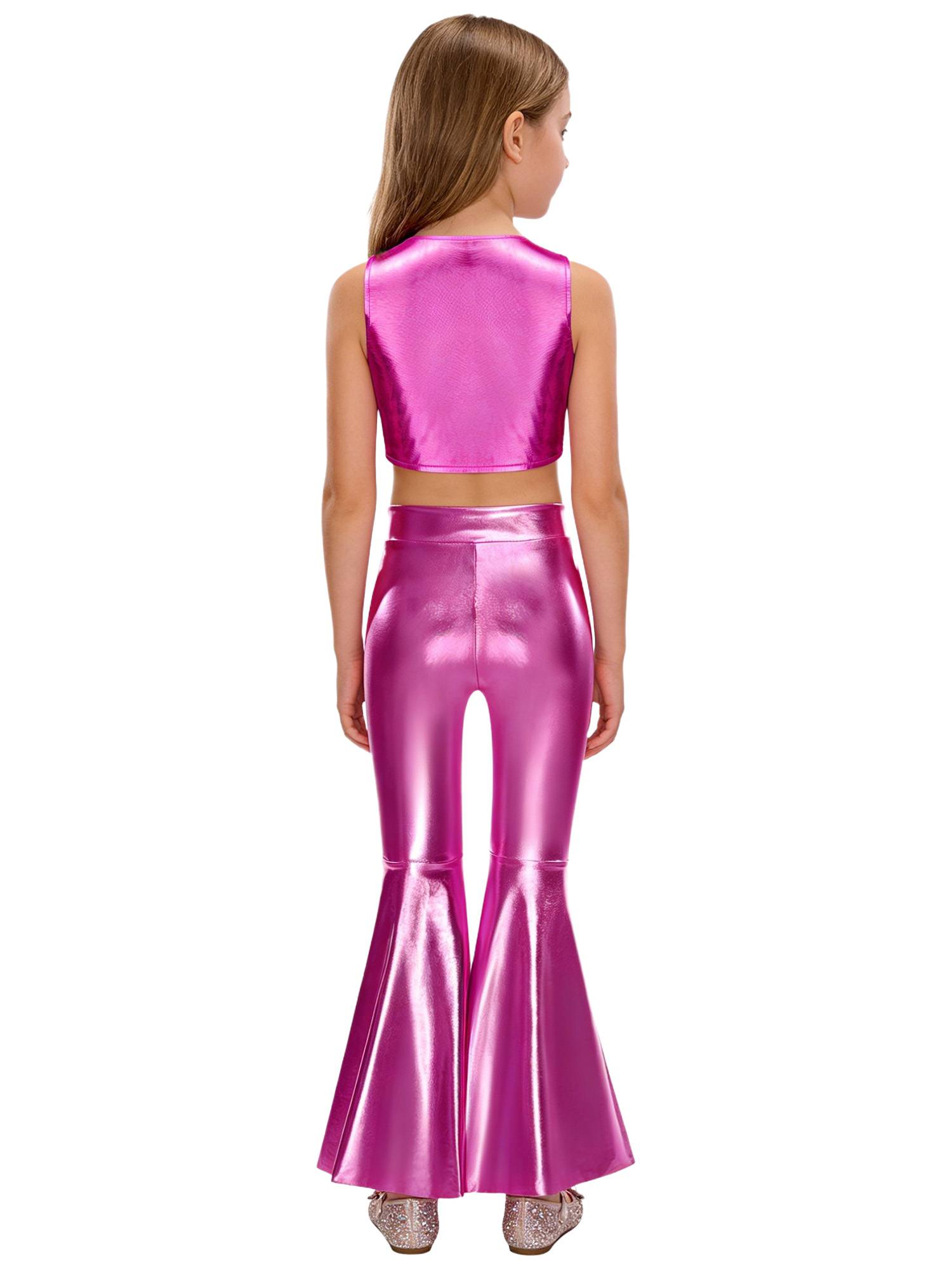 Girls 70s Disco 2-Piece Dance Set Crop Top with Flared Pants for Jazz Hip Hop 