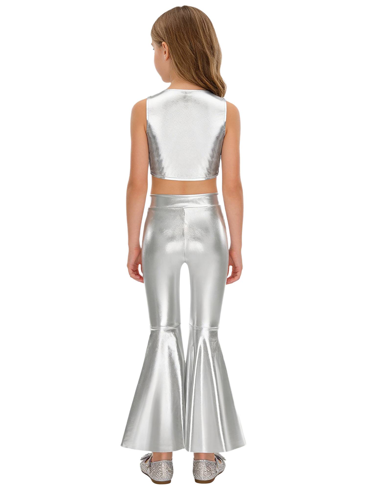 Girls 70s Disco 2-Piece Dance Set Crop Top with Flared Pants for Jazz Hip Hop 