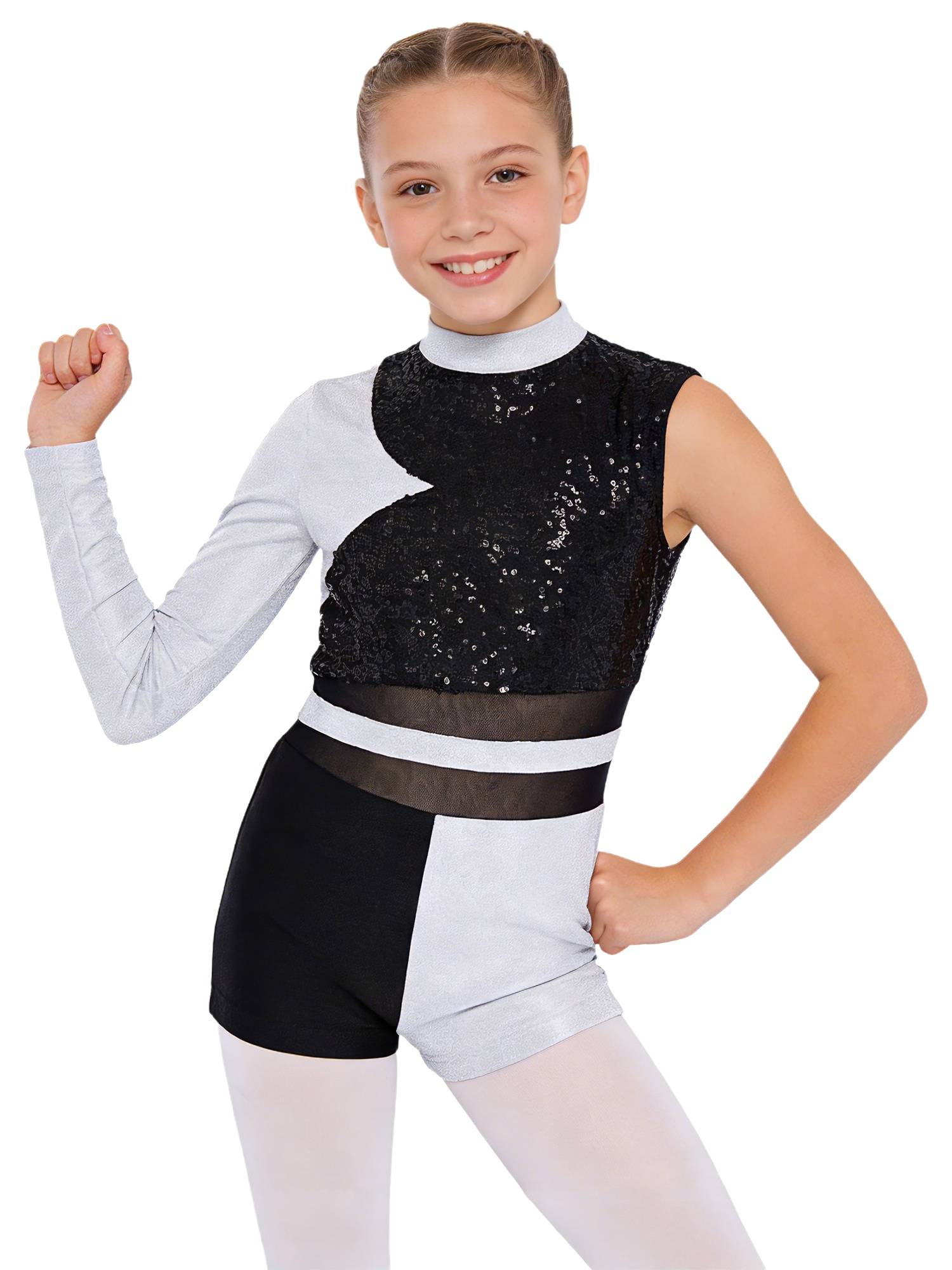 Girls Sequin Long Sleeve Gymnastics Leotard for Dance Competitions & Stage
