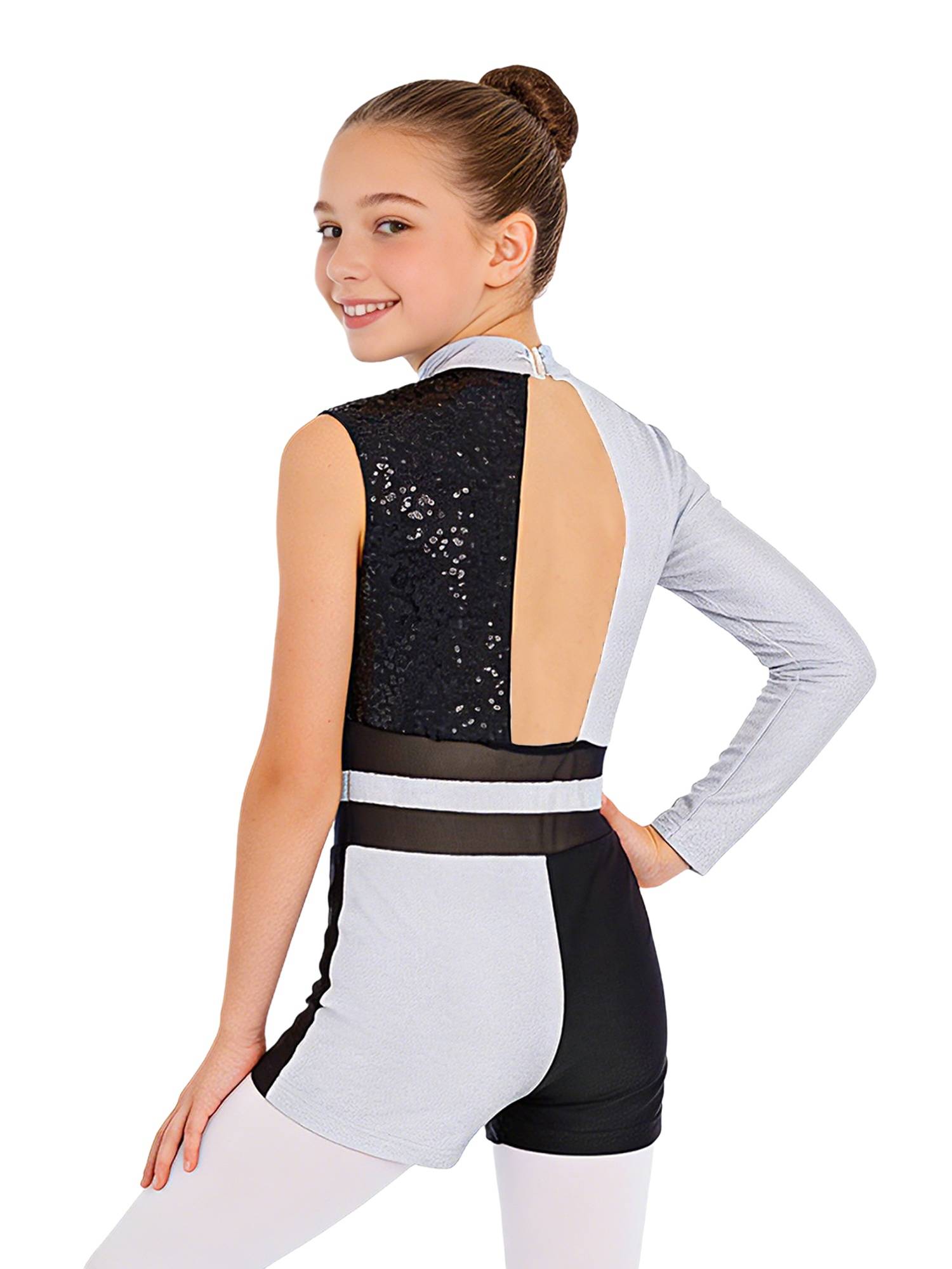 Girls Sequin Long Sleeve Gymnastics Leotard for Dance Competitions & Stage