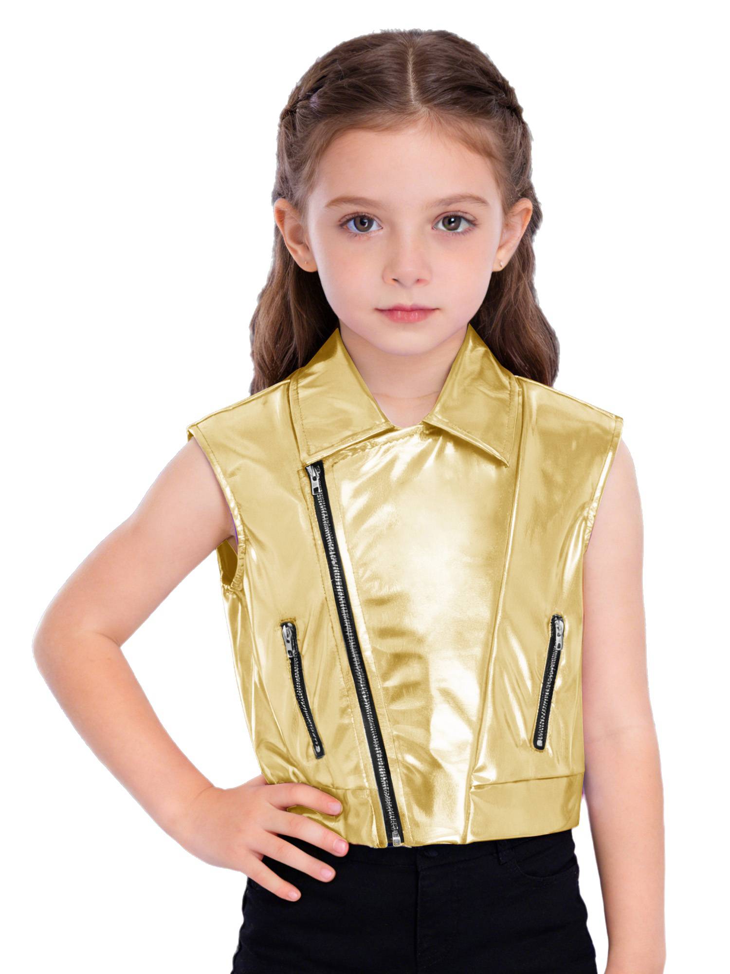 Kids Metallic Jacket Lapel Front Zipper for Hip Hop Jazz Dance Party & Stage