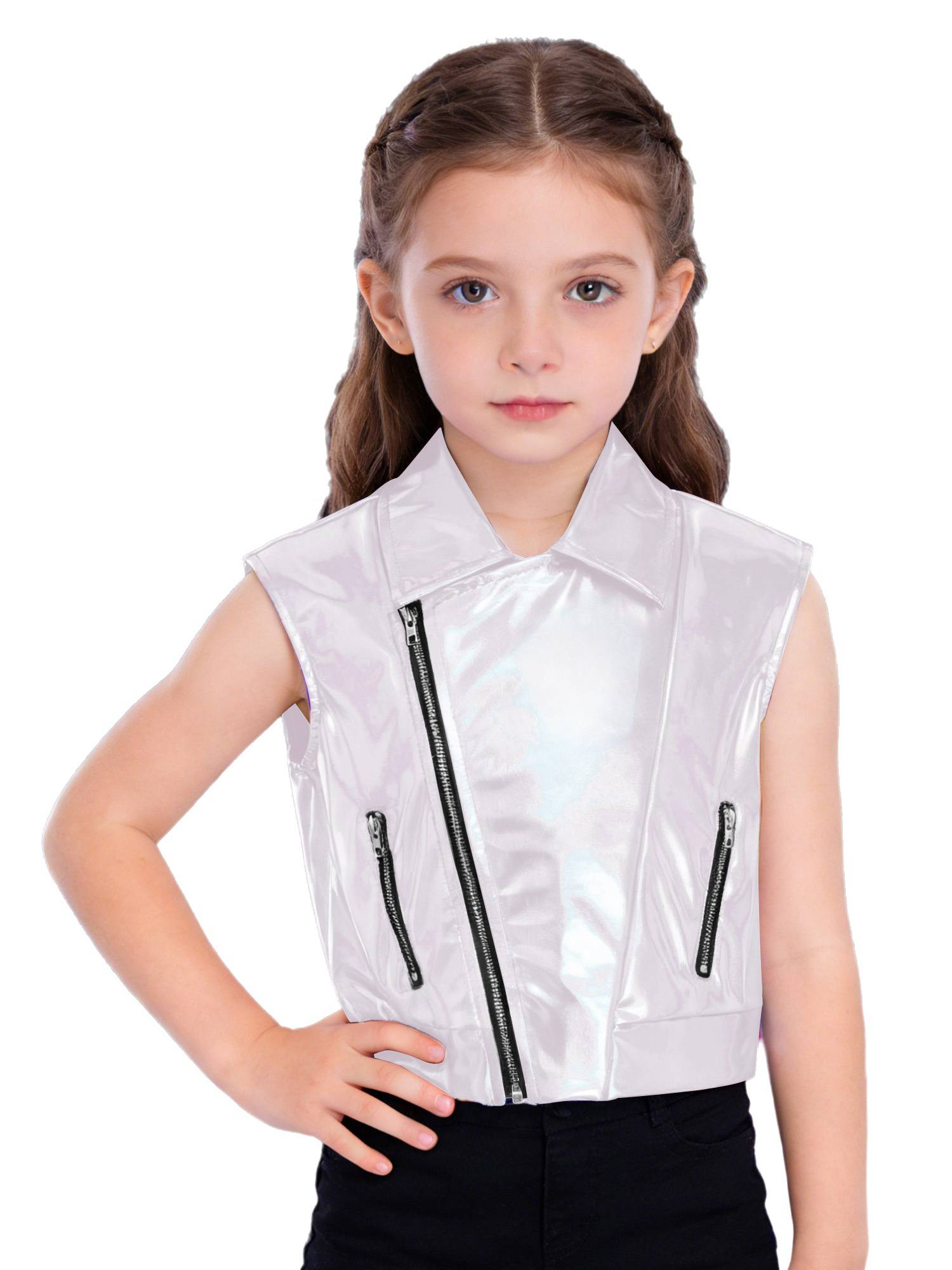 Kids Metallic Jacket Lapel Front Zipper for Hip Hop Jazz Dance Party & Stage