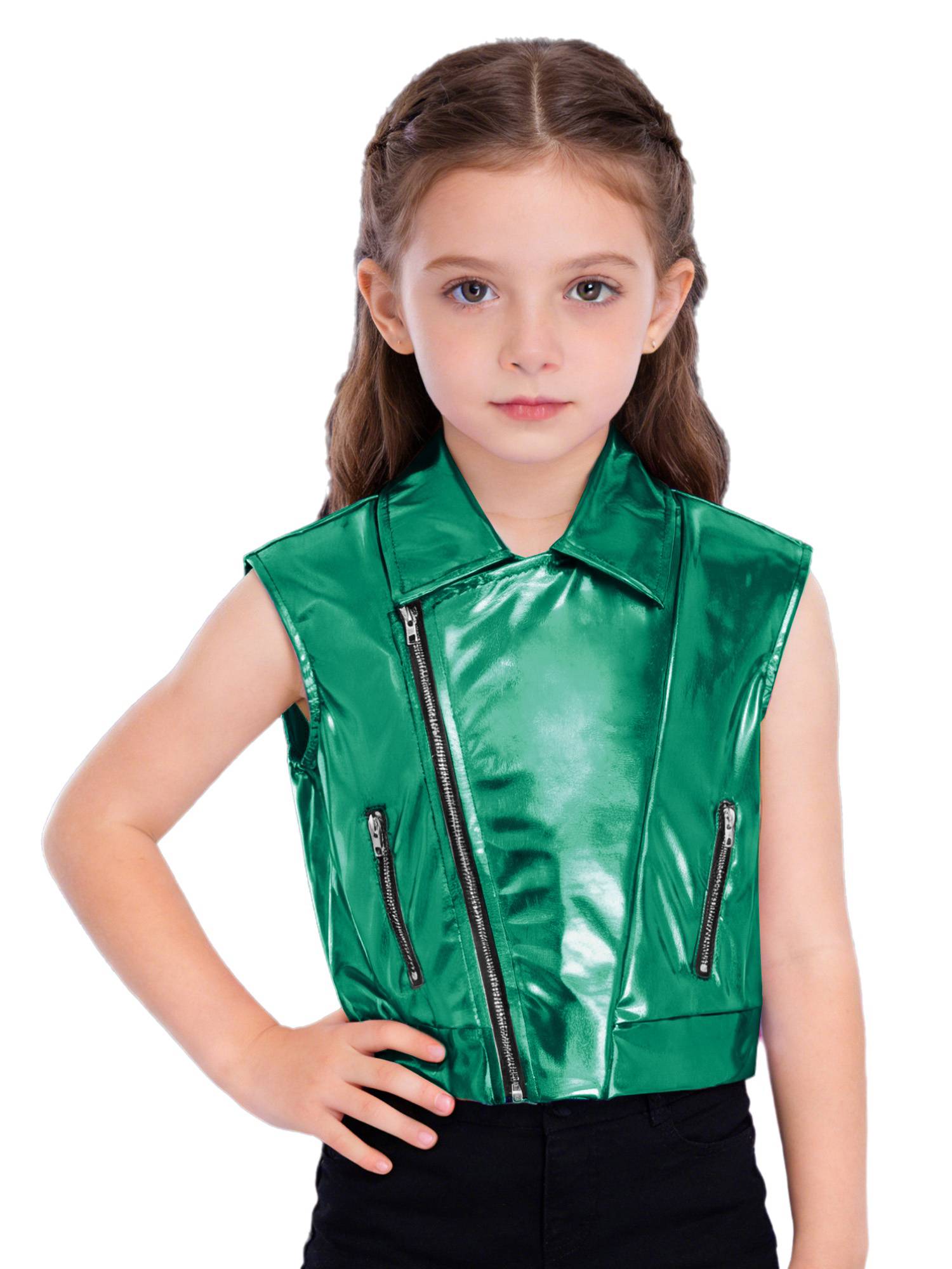 Kids Metallic Jacket Lapel Front Zipper for Hip Hop Jazz Dance Party & Stage