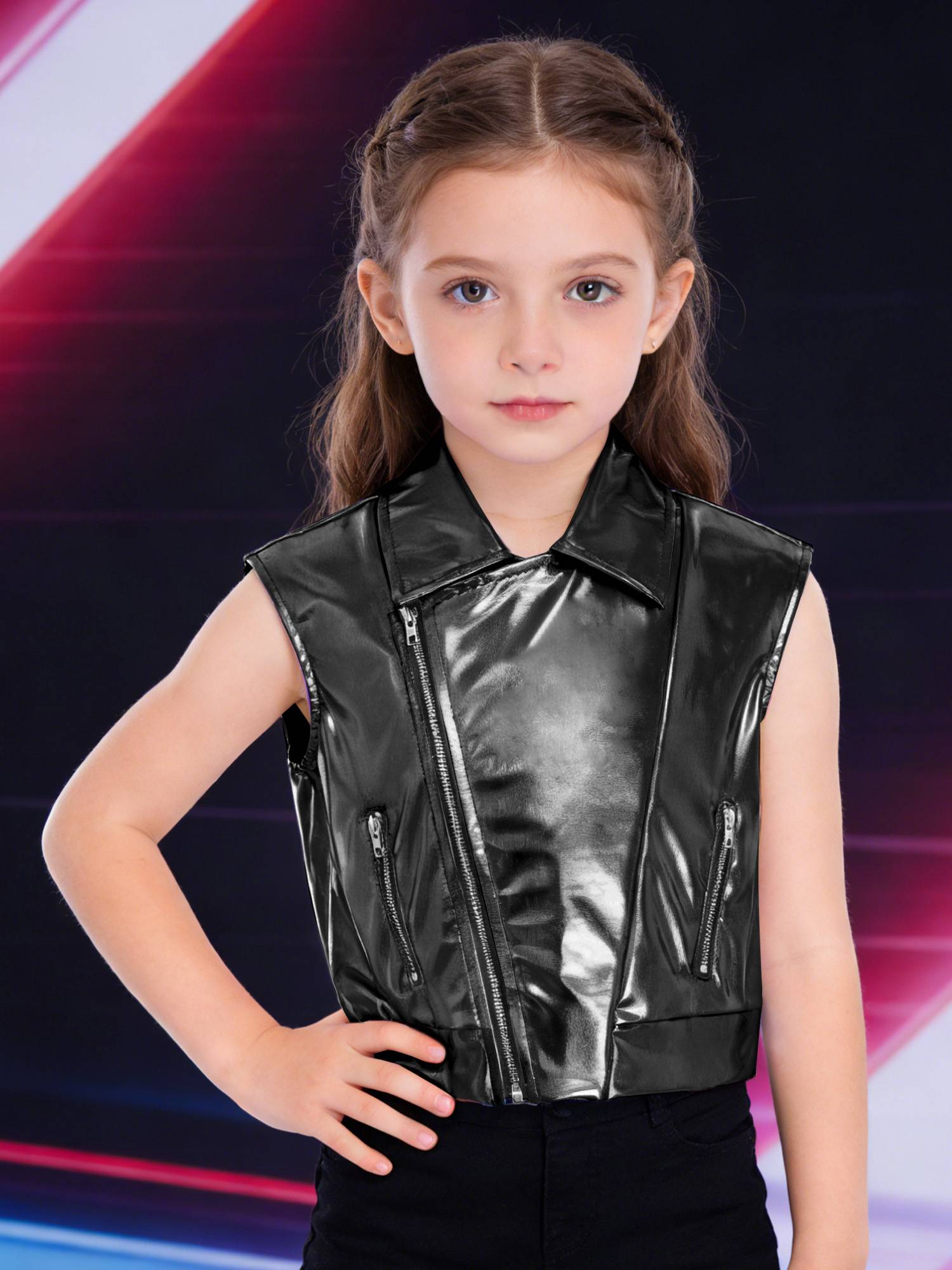Kids Metallic Jacket Lapel Front Zipper for Hip Hop Jazz Dance Party & Stage