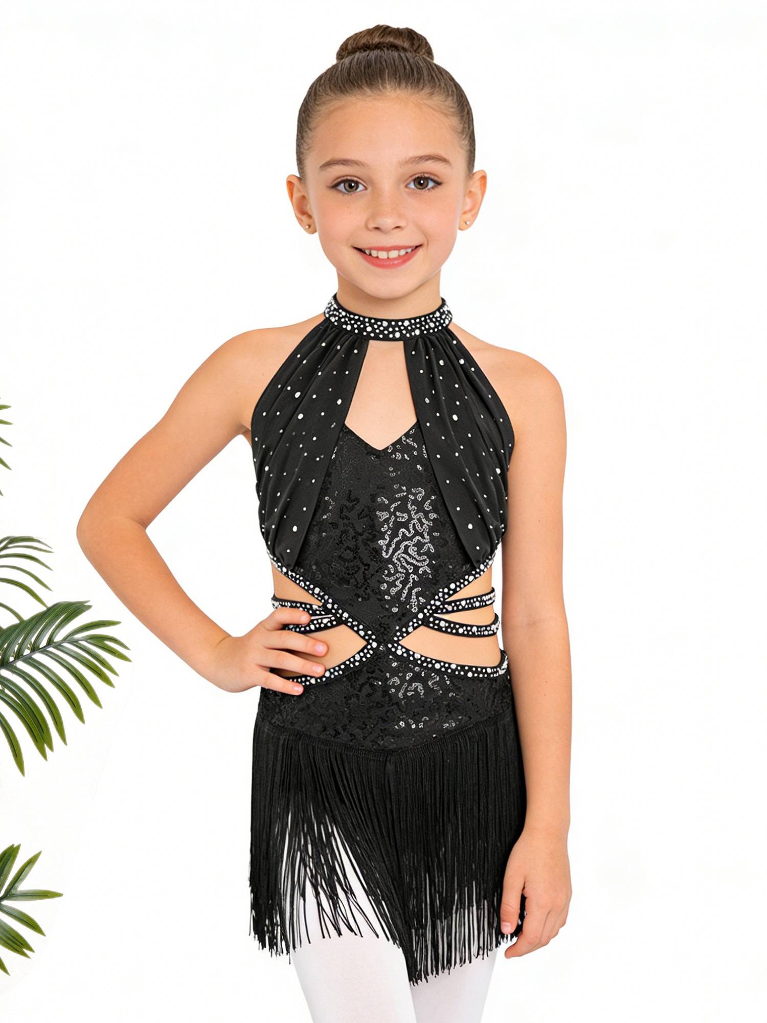 Girls Rhinestone Sleeveless Fringe Latin Dance Dress for Competitions & Recitals