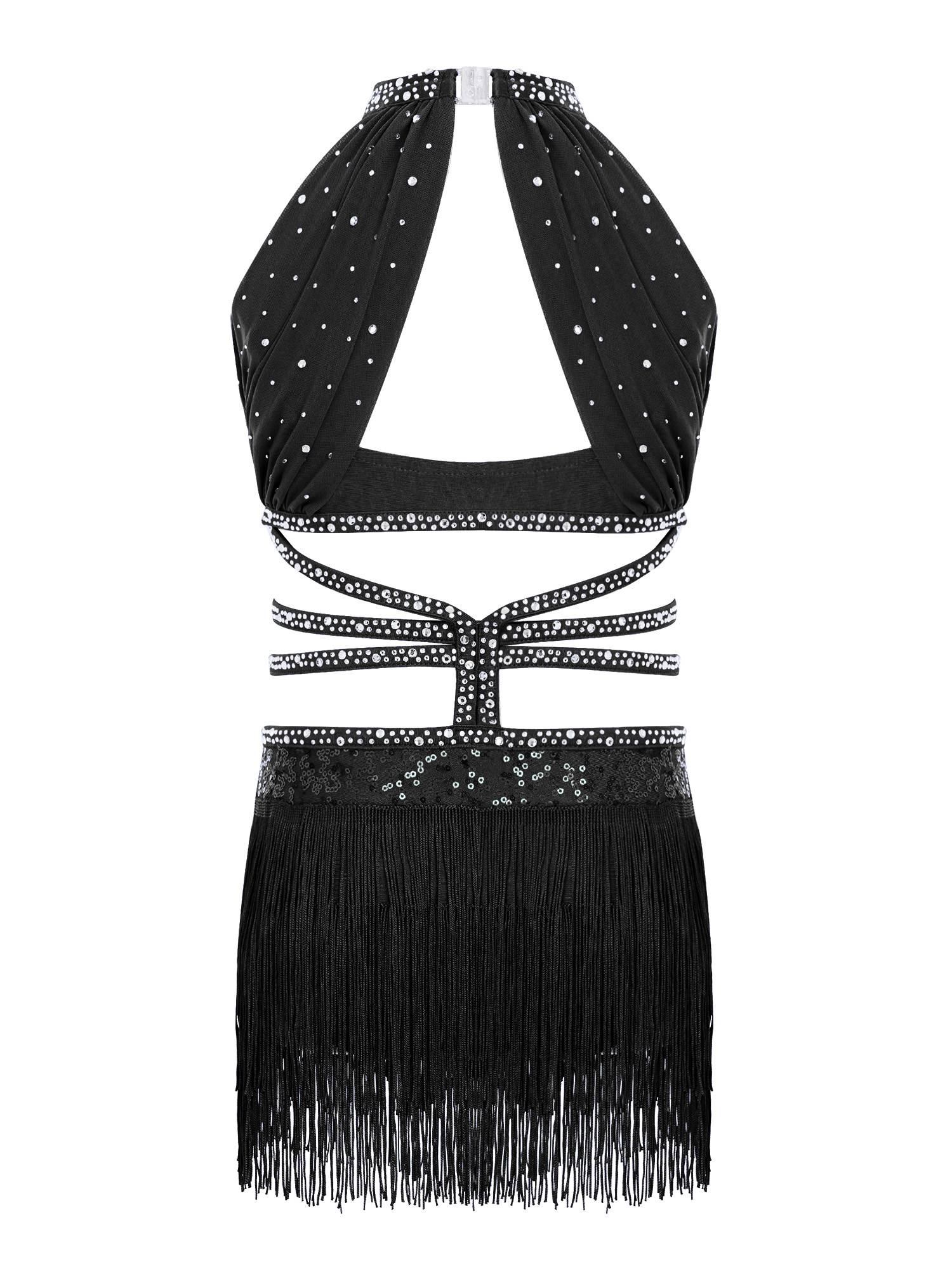 Girls Rhinestone Sleeveless Fringe Latin Dance Dress for Competitions & Recitals