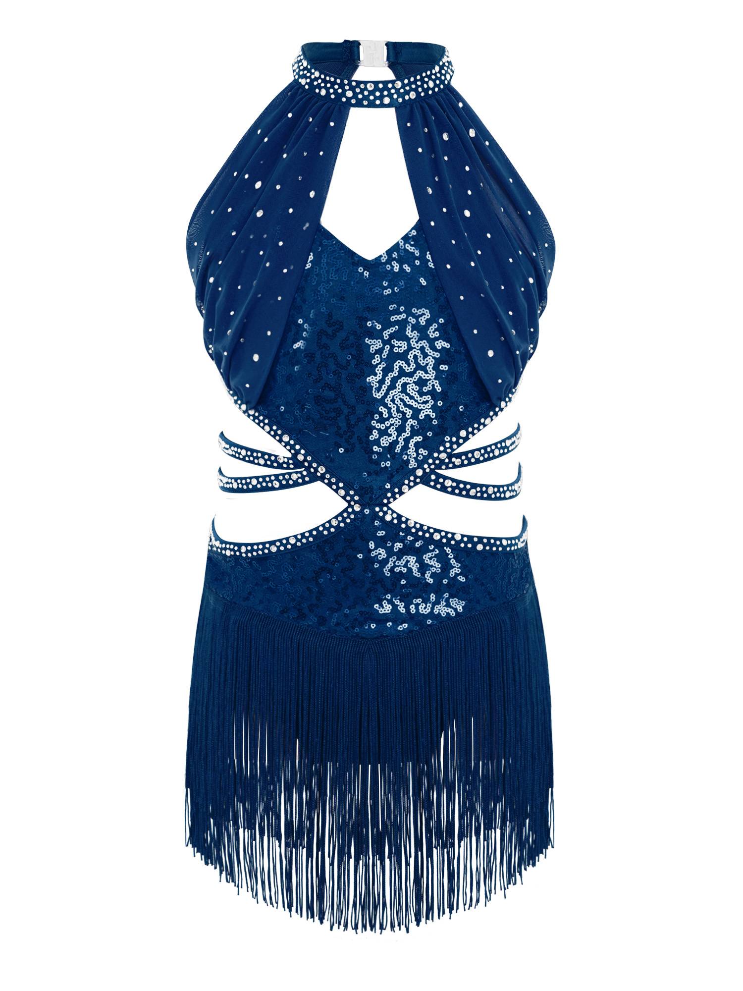 Girls Rhinestone Sleeveless Fringe Latin Dance Dress for Competitions & Recitals