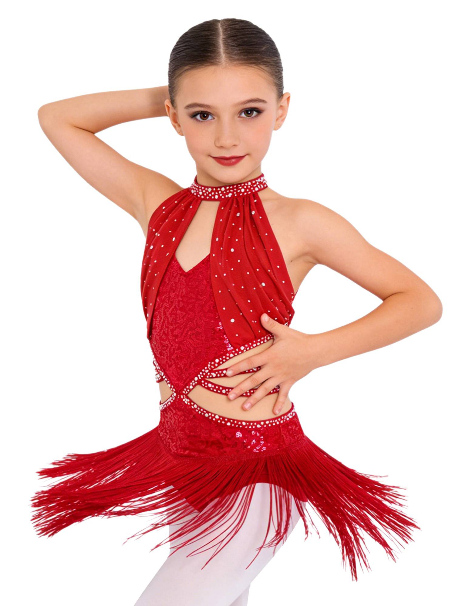 Girls Rhinestone Sleeveless Fringe Latin Dance Dress for Competitions & Recitals