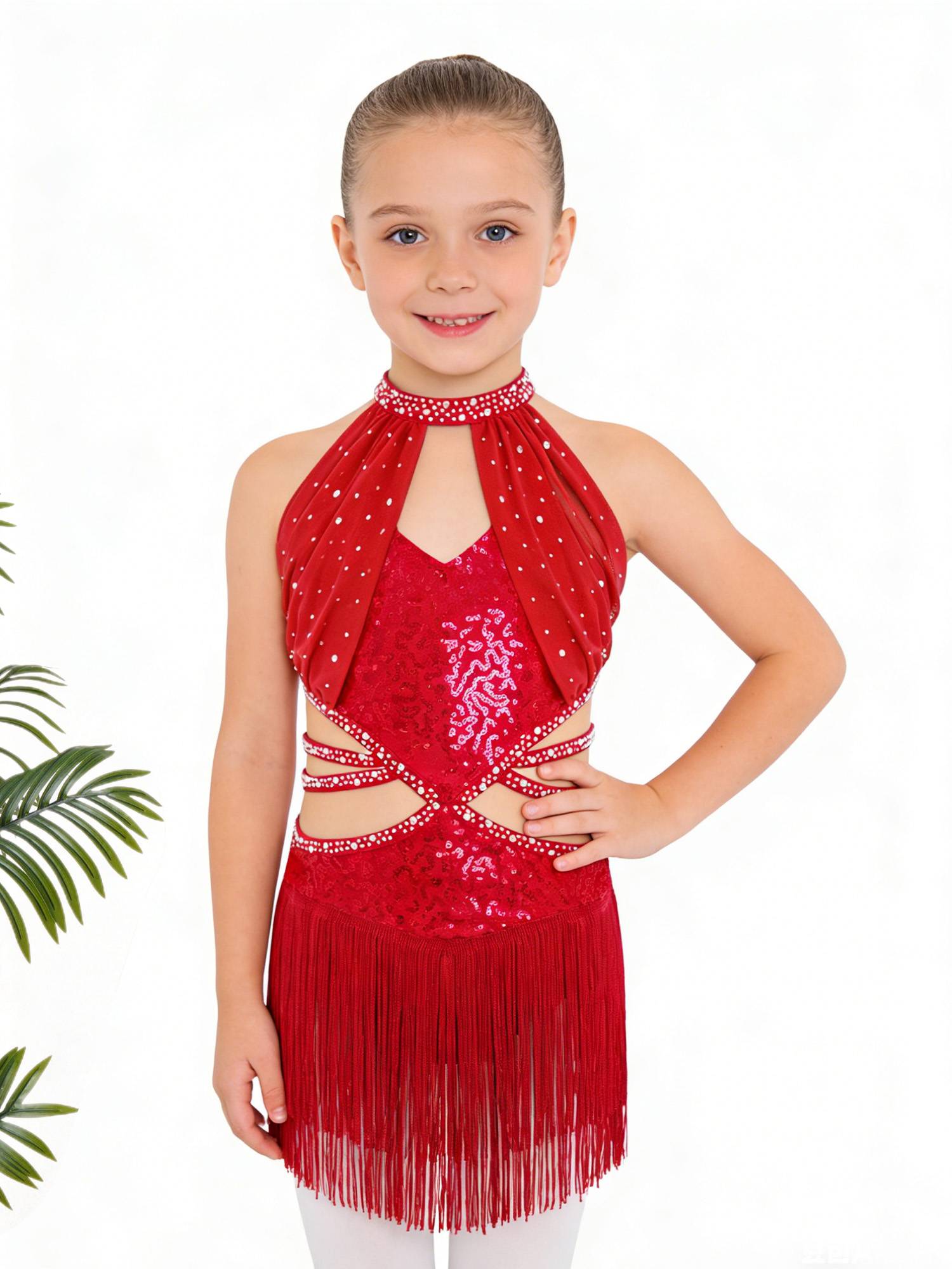 Girls Rhinestone Sleeveless Fringe Latin Dance Dress for Competitions & Recitals