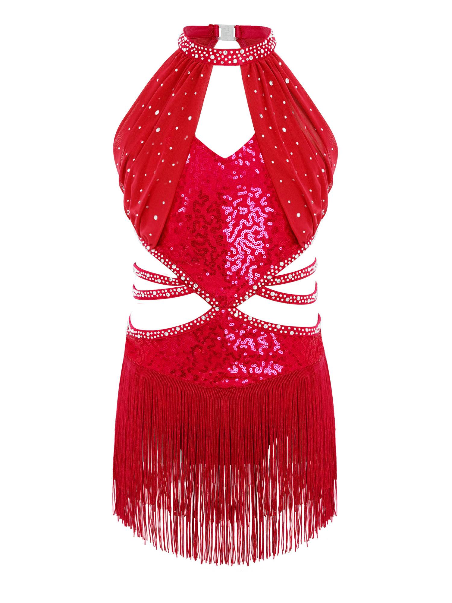 Girls Rhinestone Sleeveless Fringe Latin Dance Dress for Competitions & Recitals