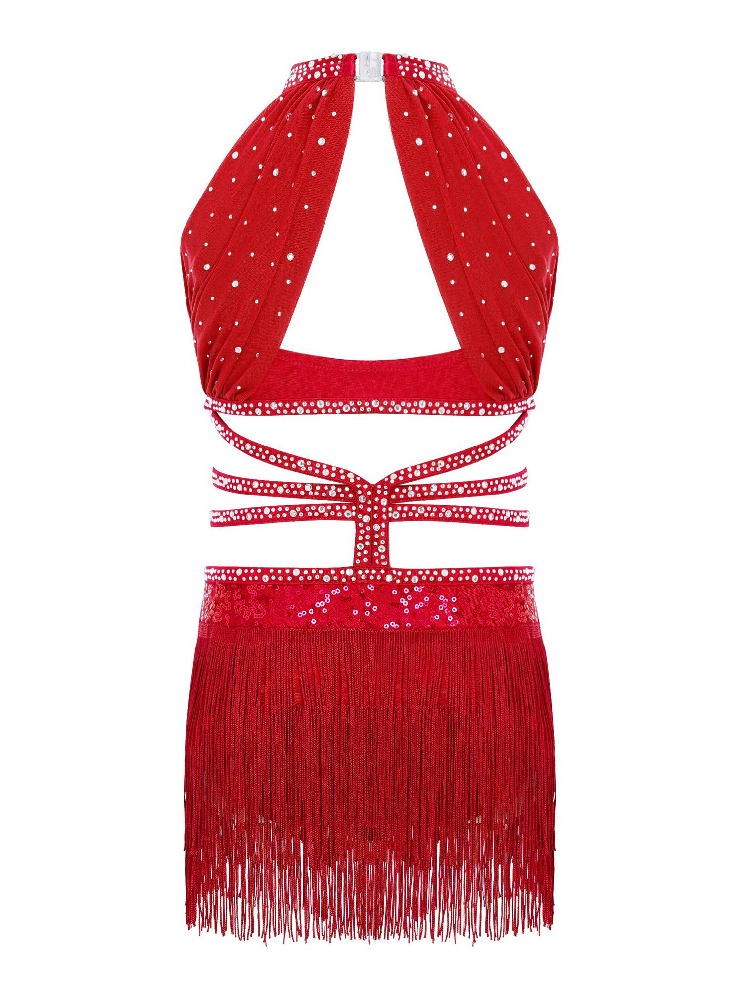 Girls Rhinestone Sleeveless Fringe Latin Dance Dress for Competitions & Recitals