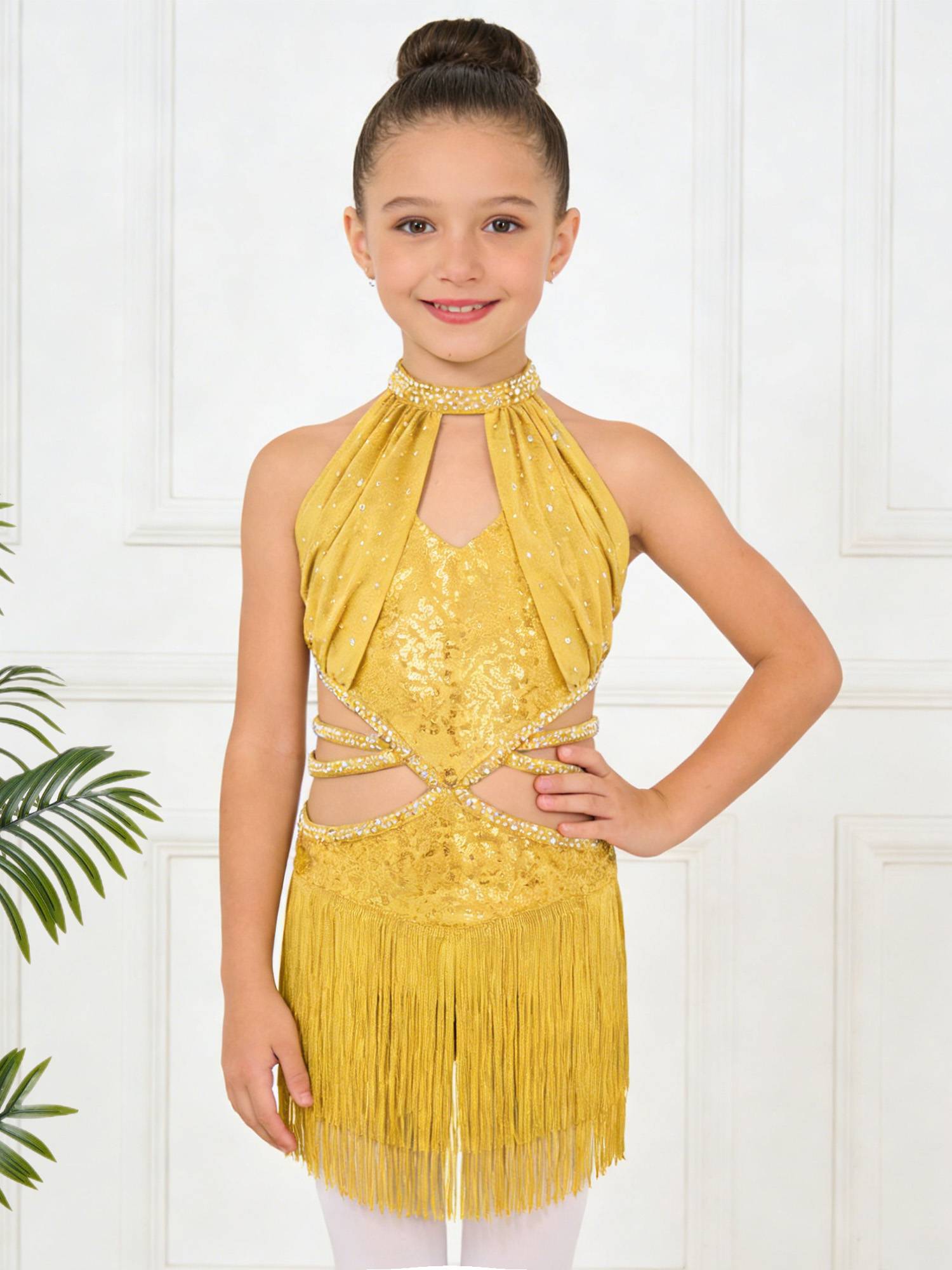Girls Rhinestone Sleeveless Fringe Latin Dance Dress for Competitions & Recitals