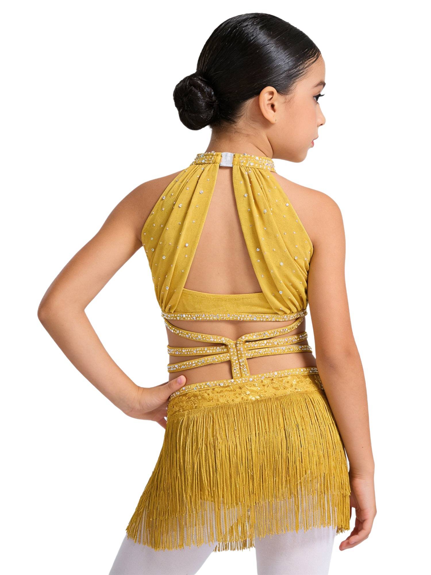 Girls Rhinestone Sleeveless Fringe Latin Dance Dress for Competitions & Recitals