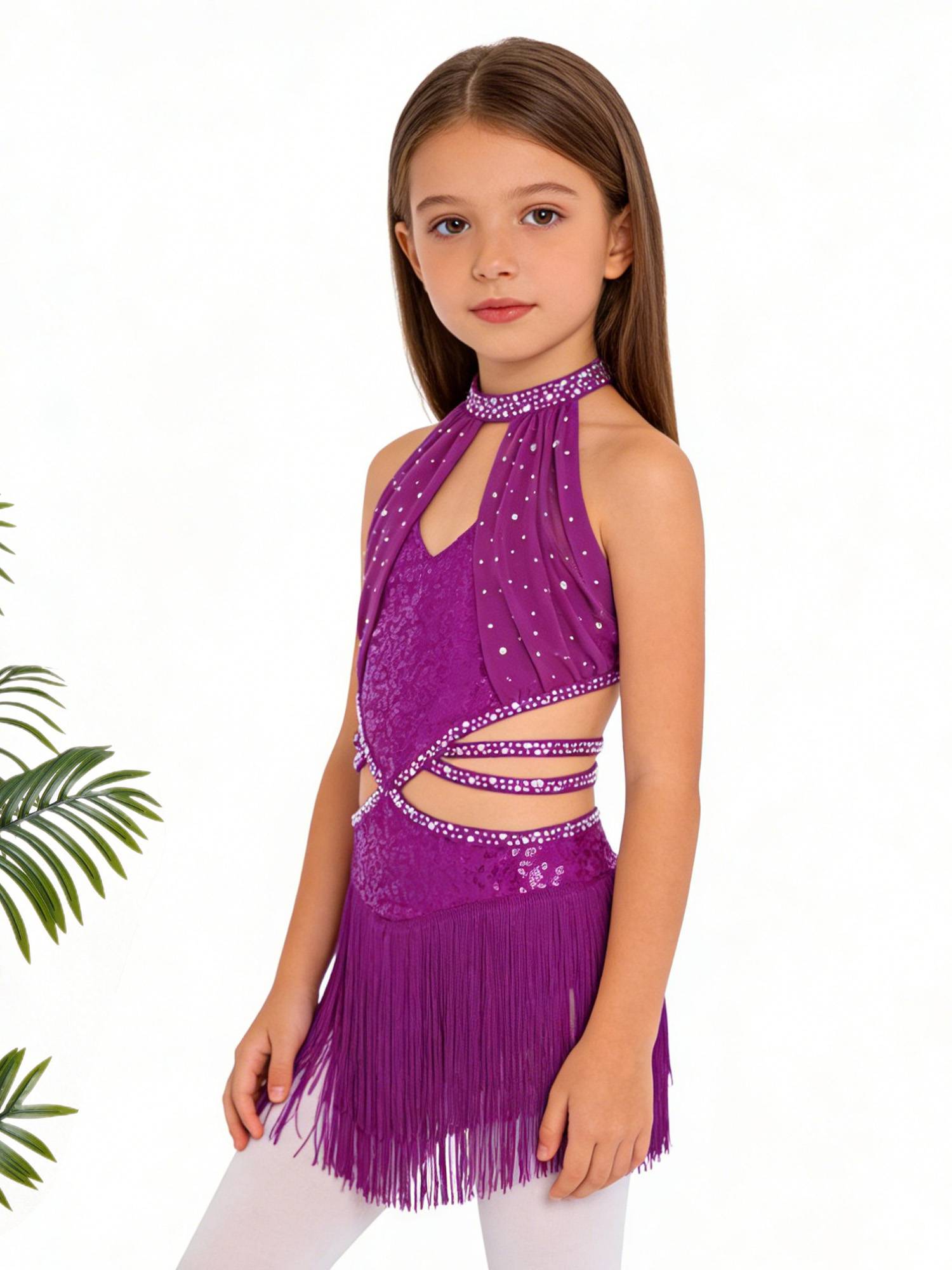 Girls Rhinestone Sleeveless Fringe Latin Dance Dress for Competitions & Recitals