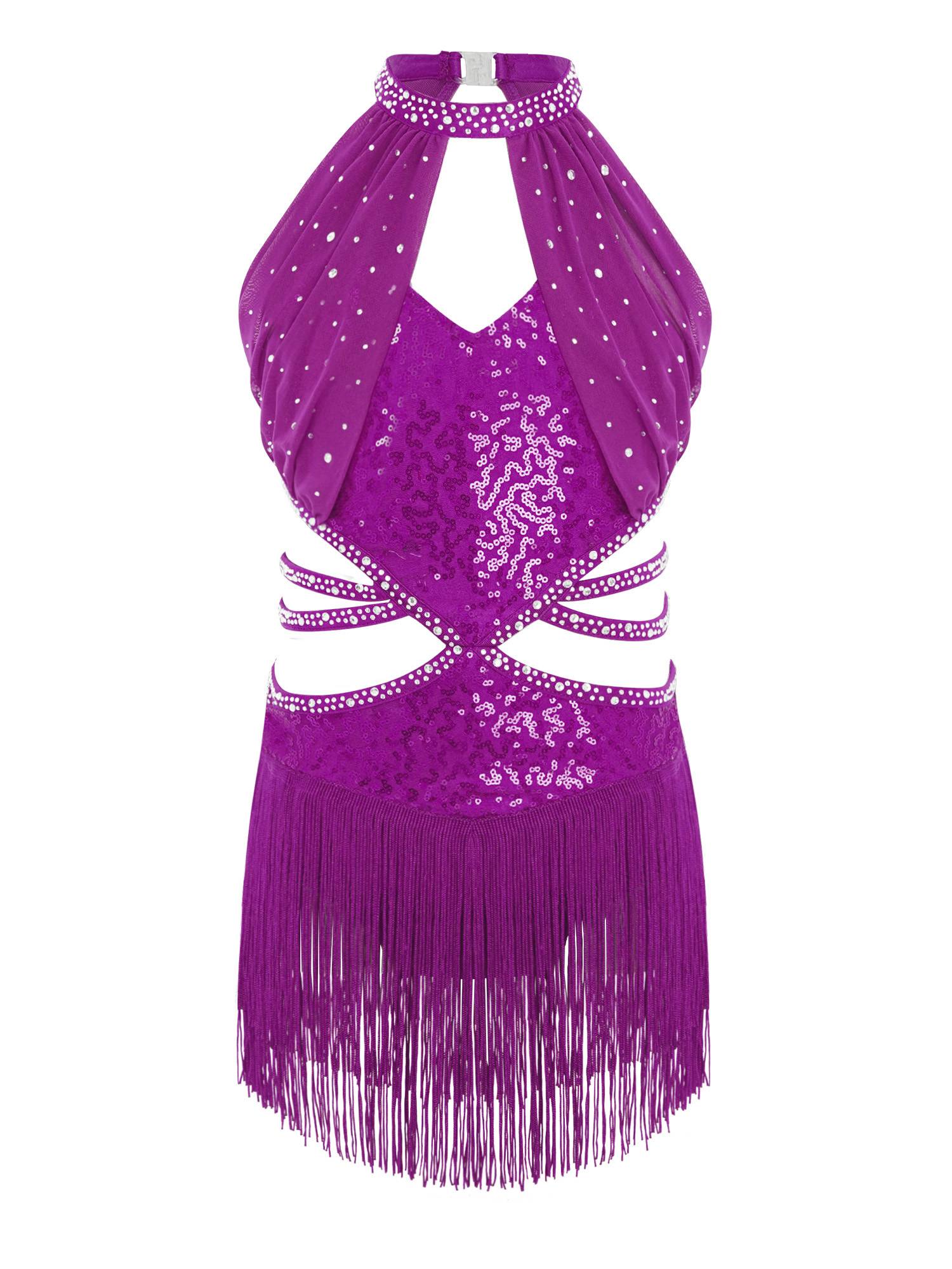 Girls Rhinestone Sleeveless Fringe Latin Dance Dress for Competitions & Recitals