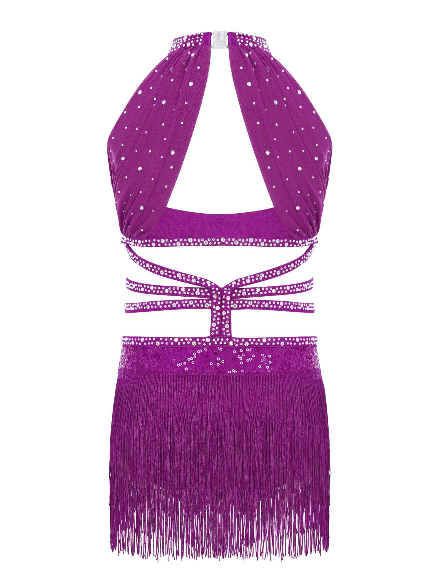 Girls Rhinestone Sleeveless Fringe Latin Dance Dress for Competitions & Recitals