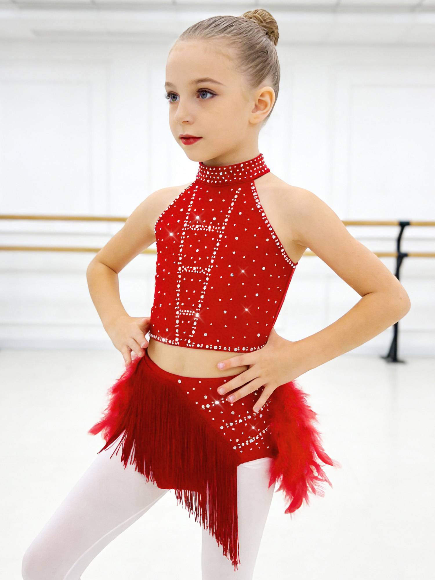Girls Sparkly Feather Latin Dance Costume Sleeveless Crop Top with Skirt Set