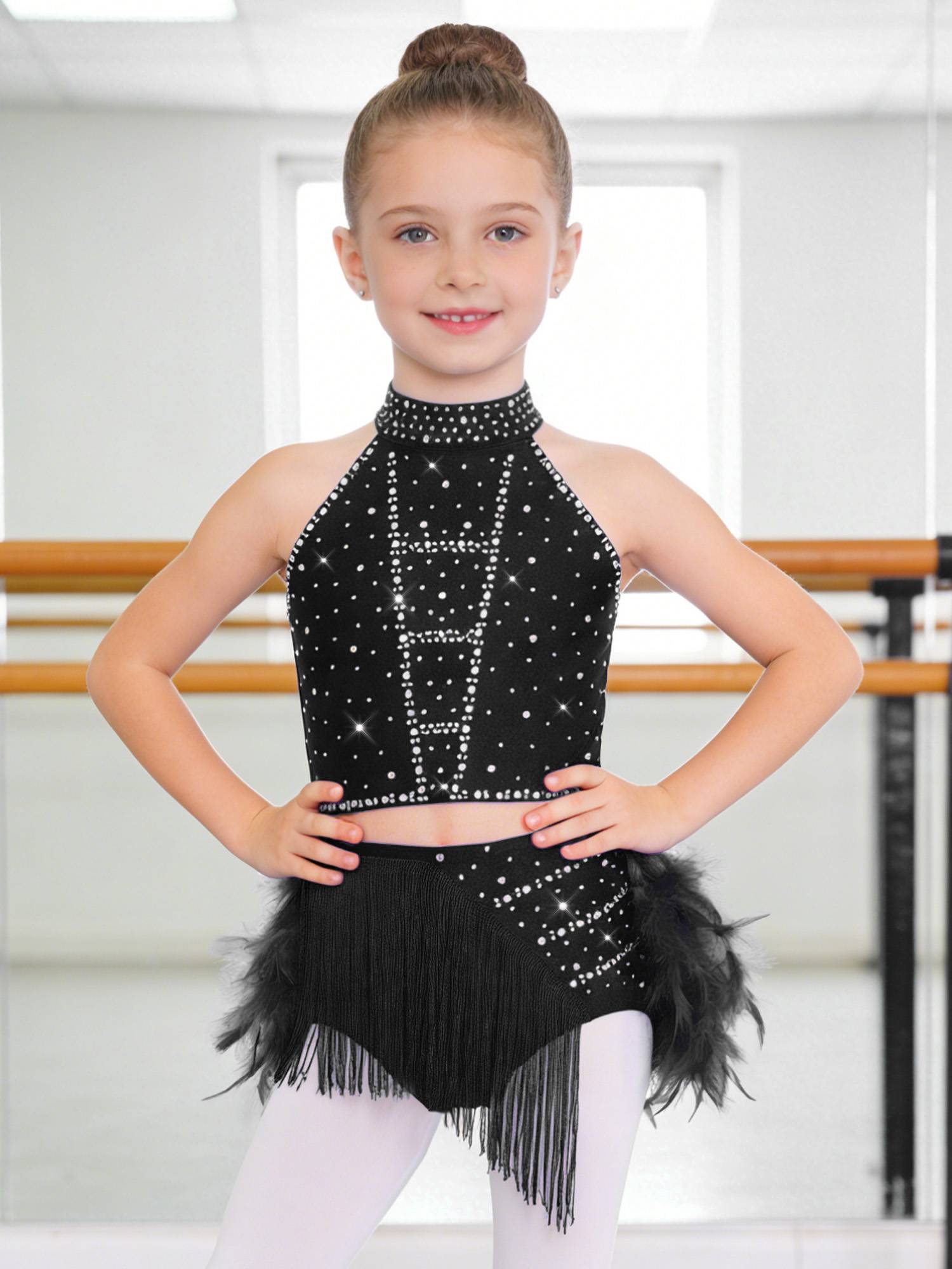 Girls Sparkly Feather Latin Dance Costume Sleeveless Crop Top with Skirt Set