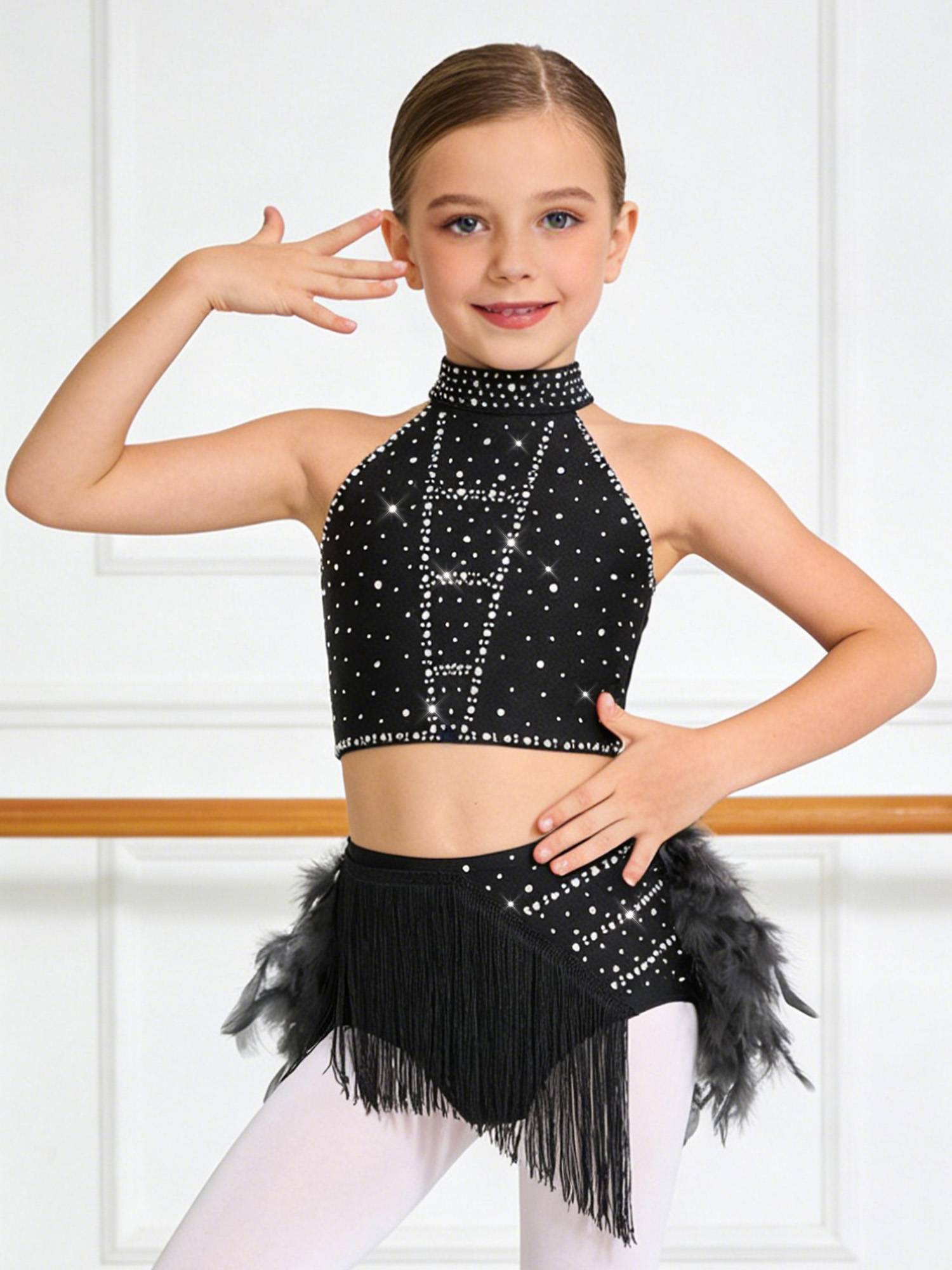 Girls Sparkly Feather Latin Dance Costume Sleeveless Crop Top with Skirt Set