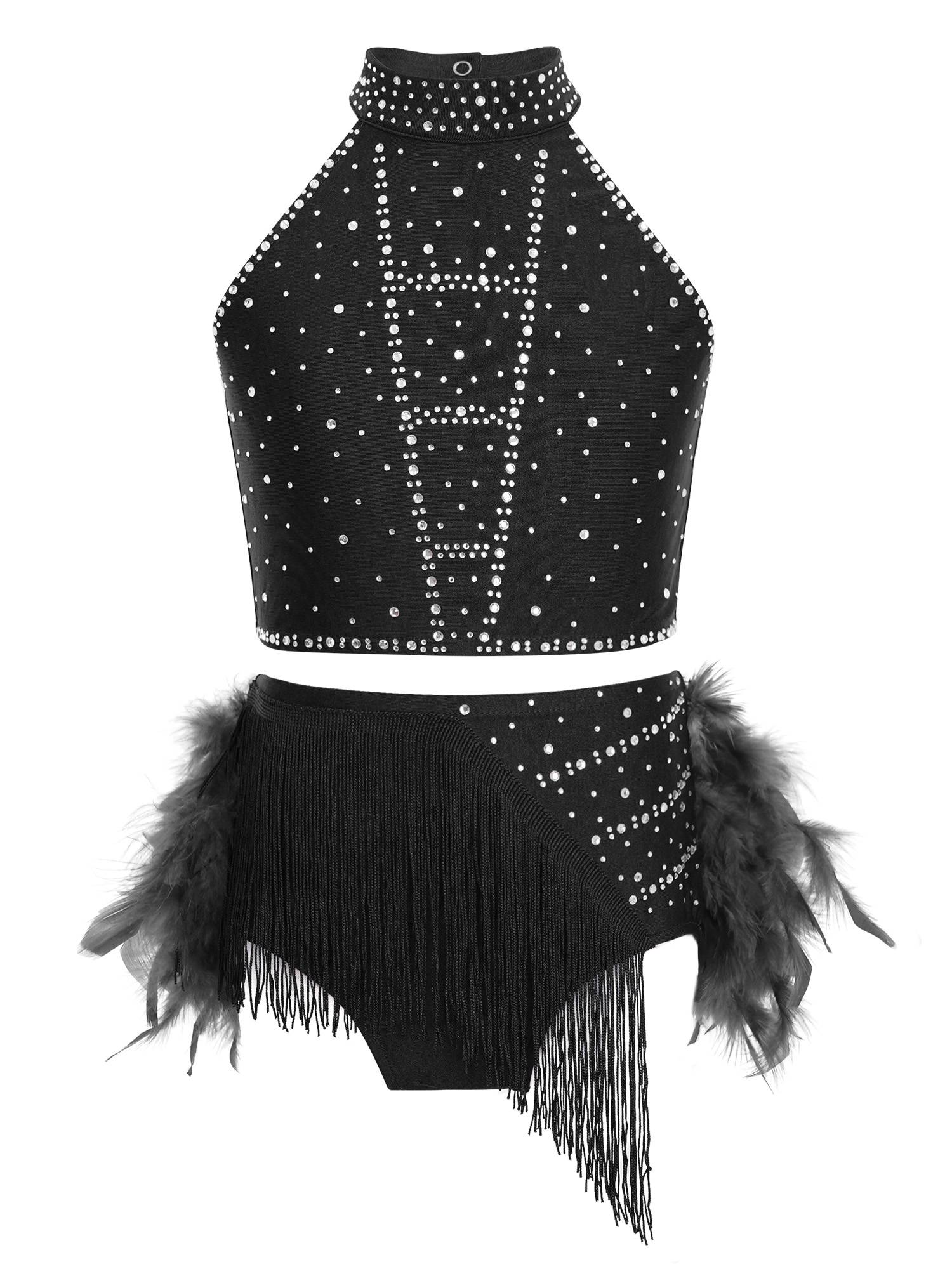 Girls Sparkly Feather Latin Dance Costume Sleeveless Crop Top with Skirt Set