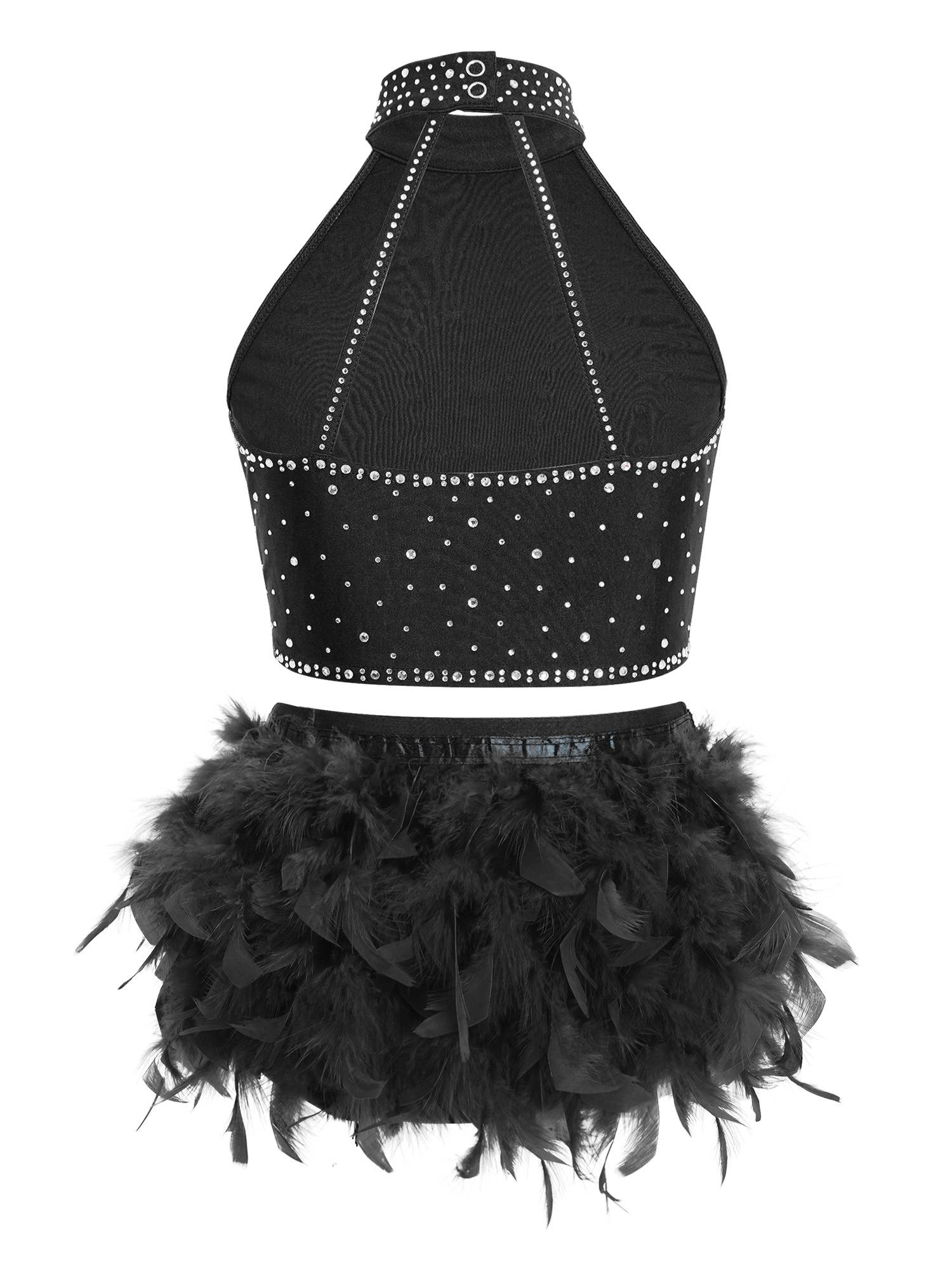 Girls Sparkly Feather Latin Dance Costume Sleeveless Crop Top with Skirt Set