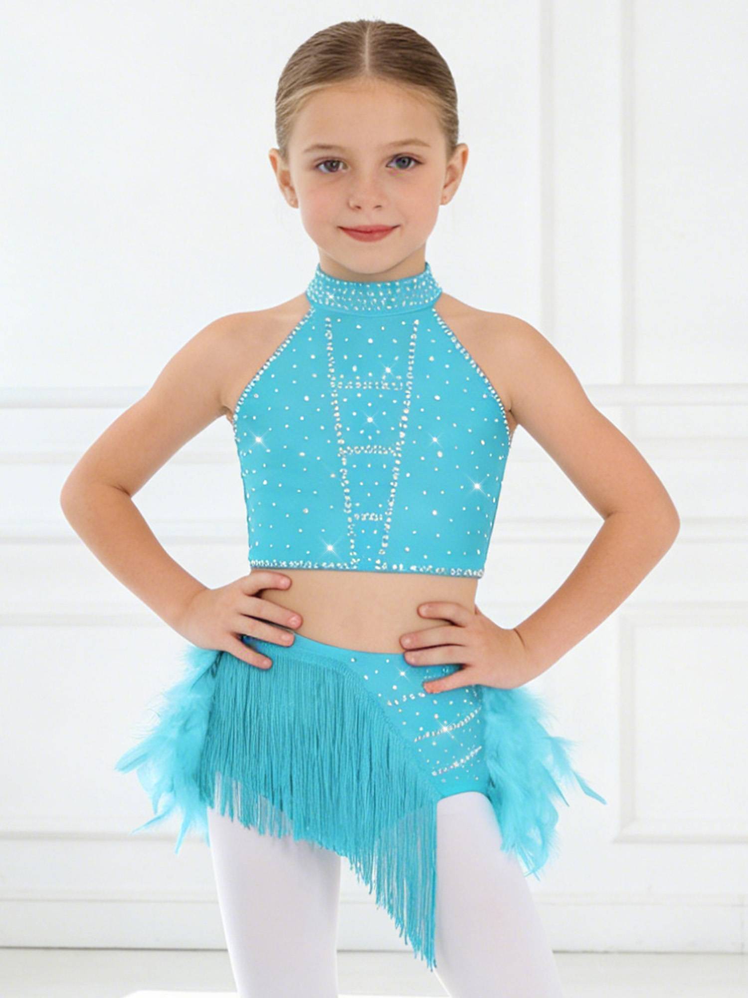 Girls Sparkly Feather Latin Dance Costume Sleeveless Crop Top with Skirt Set
