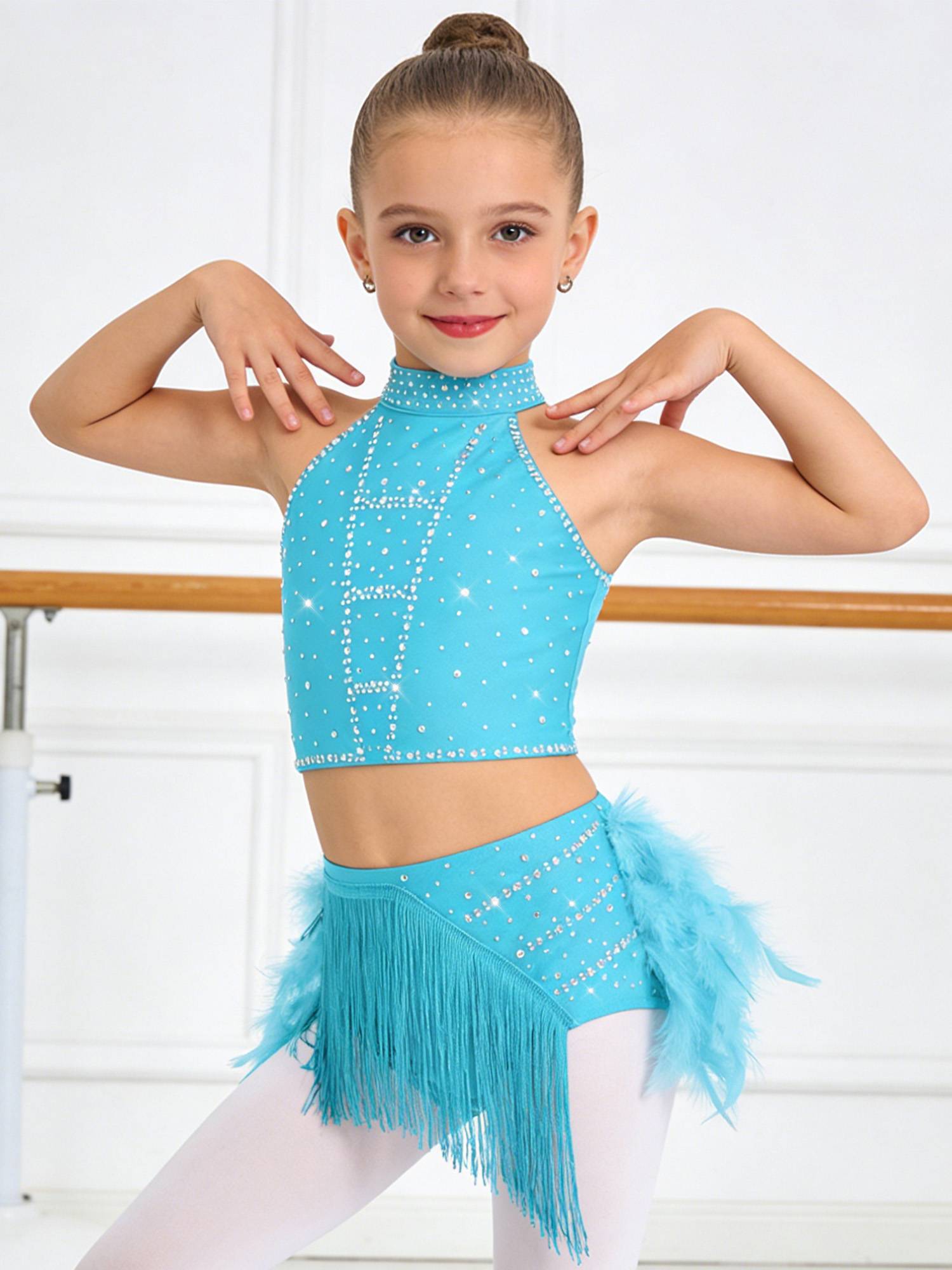 Girls Sparkly Feather Latin Dance Costume Sleeveless Crop Top with Skirt Set