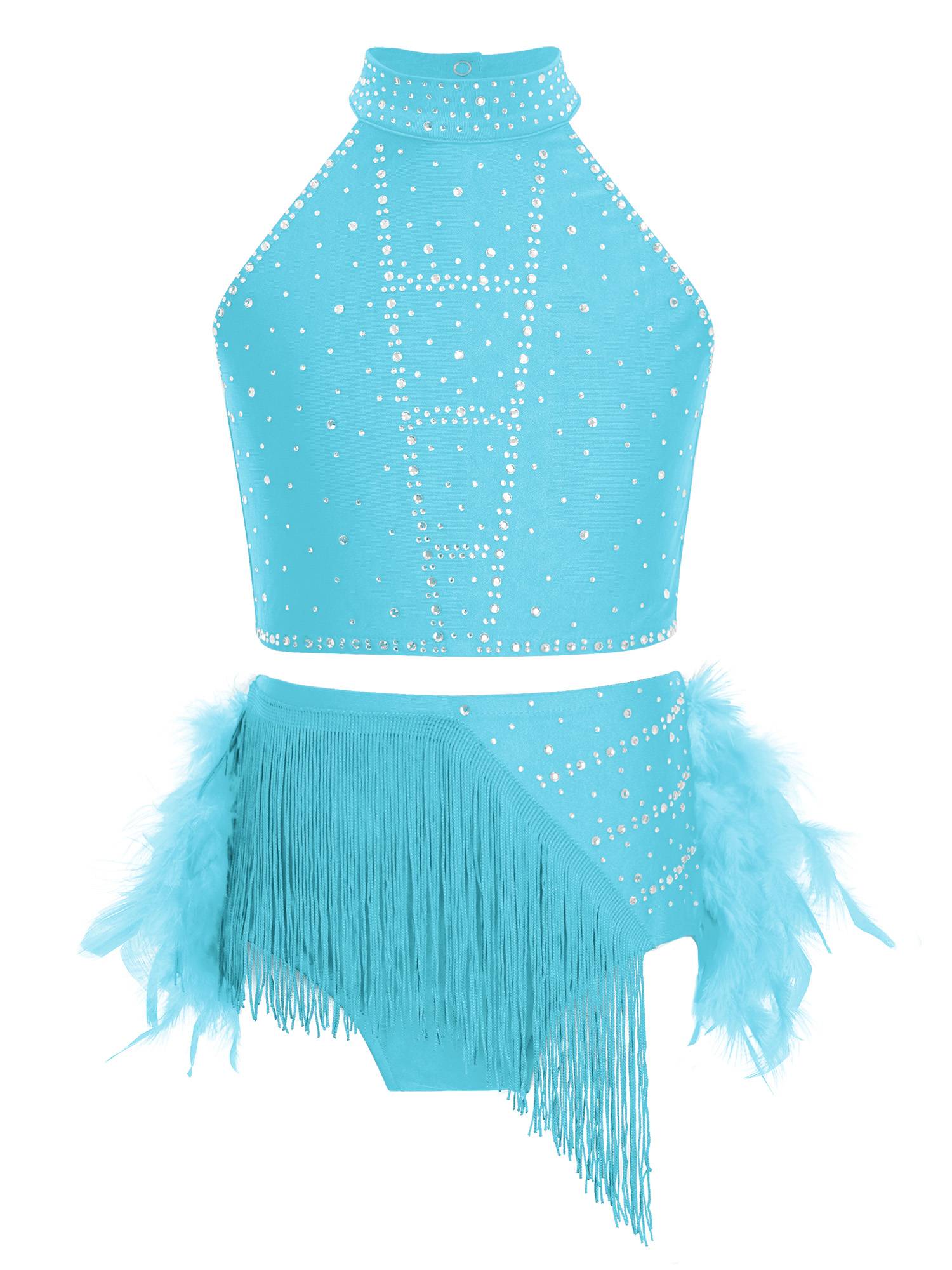 Girls Sparkly Feather Latin Dance Costume Sleeveless Crop Top with Skirt Set