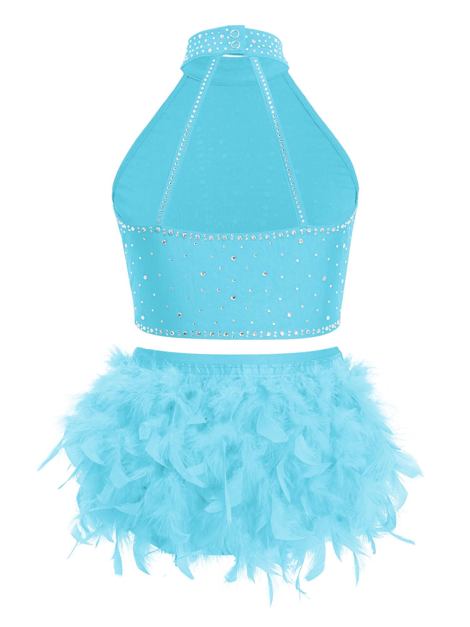 Girls Sparkly Feather Latin Dance Costume Sleeveless Crop Top with Skirt Set