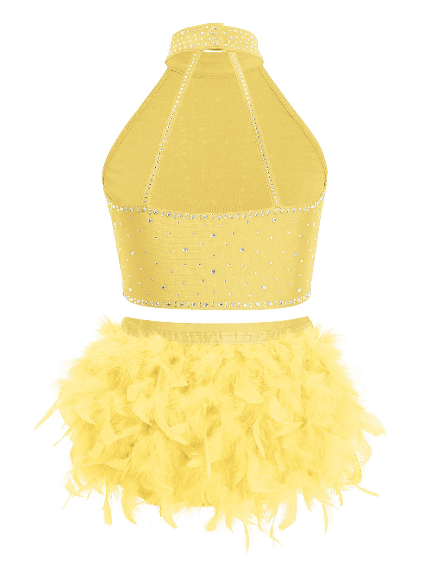 Girls Sparkly Feather Latin Dance Costume Sleeveless Crop Top with Skirt Set