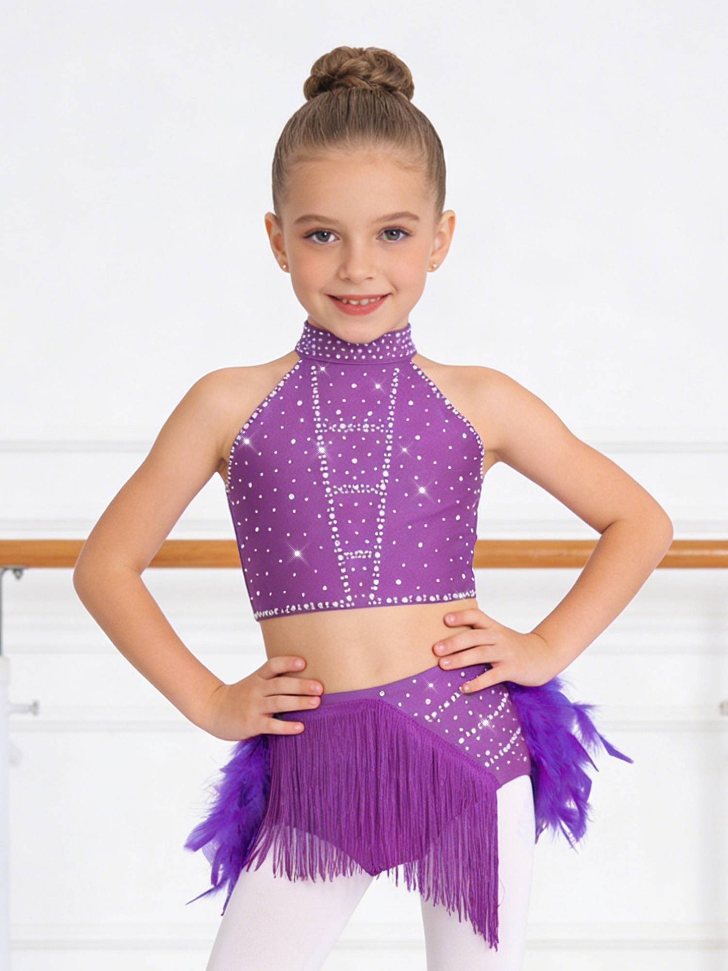 Girls Sparkly Feather Latin Dance Costume Sleeveless Crop Top with Skirt Set