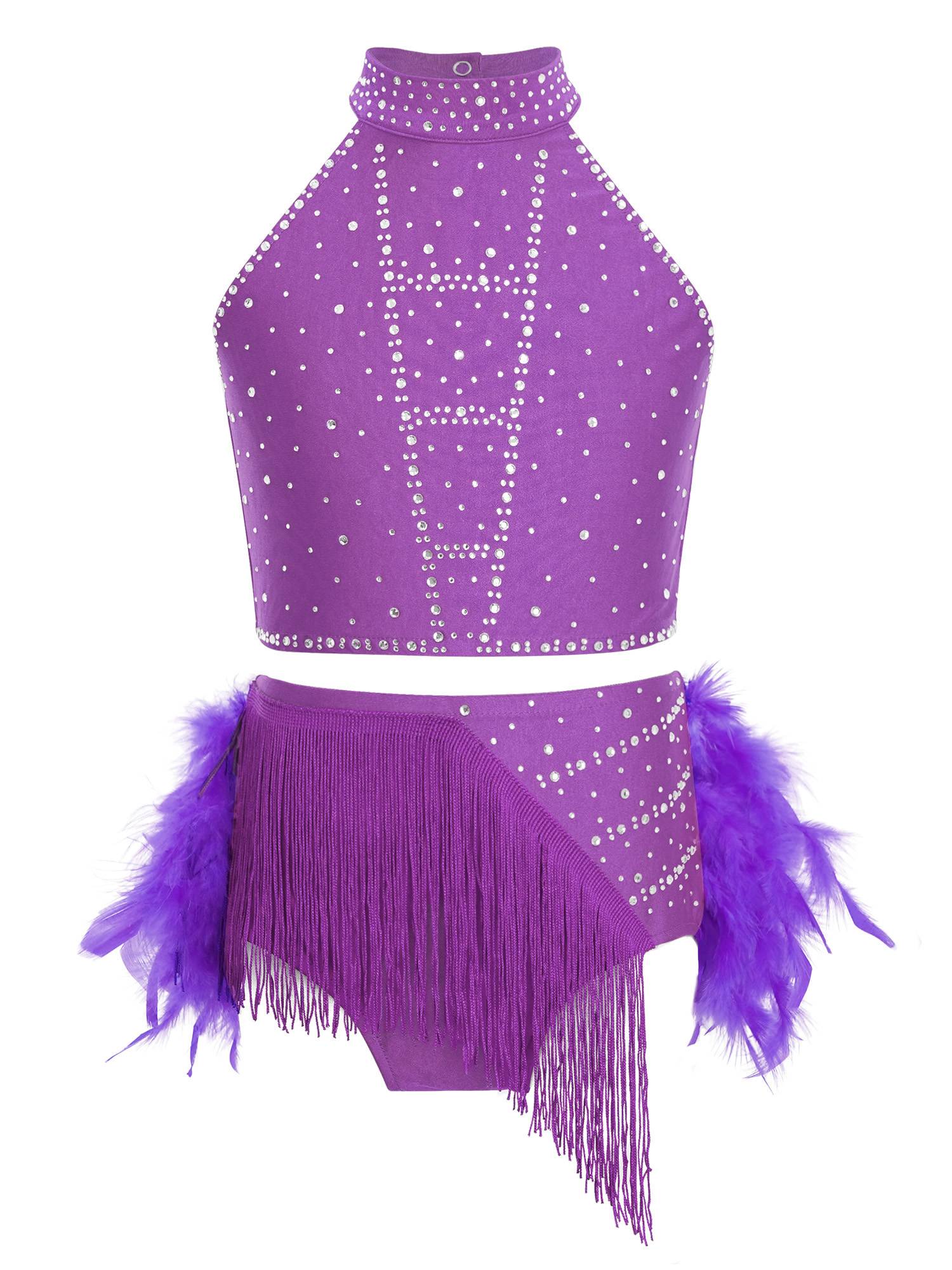 Girls Sparkly Feather Latin Dance Costume Sleeveless Crop Top with Skirt Set