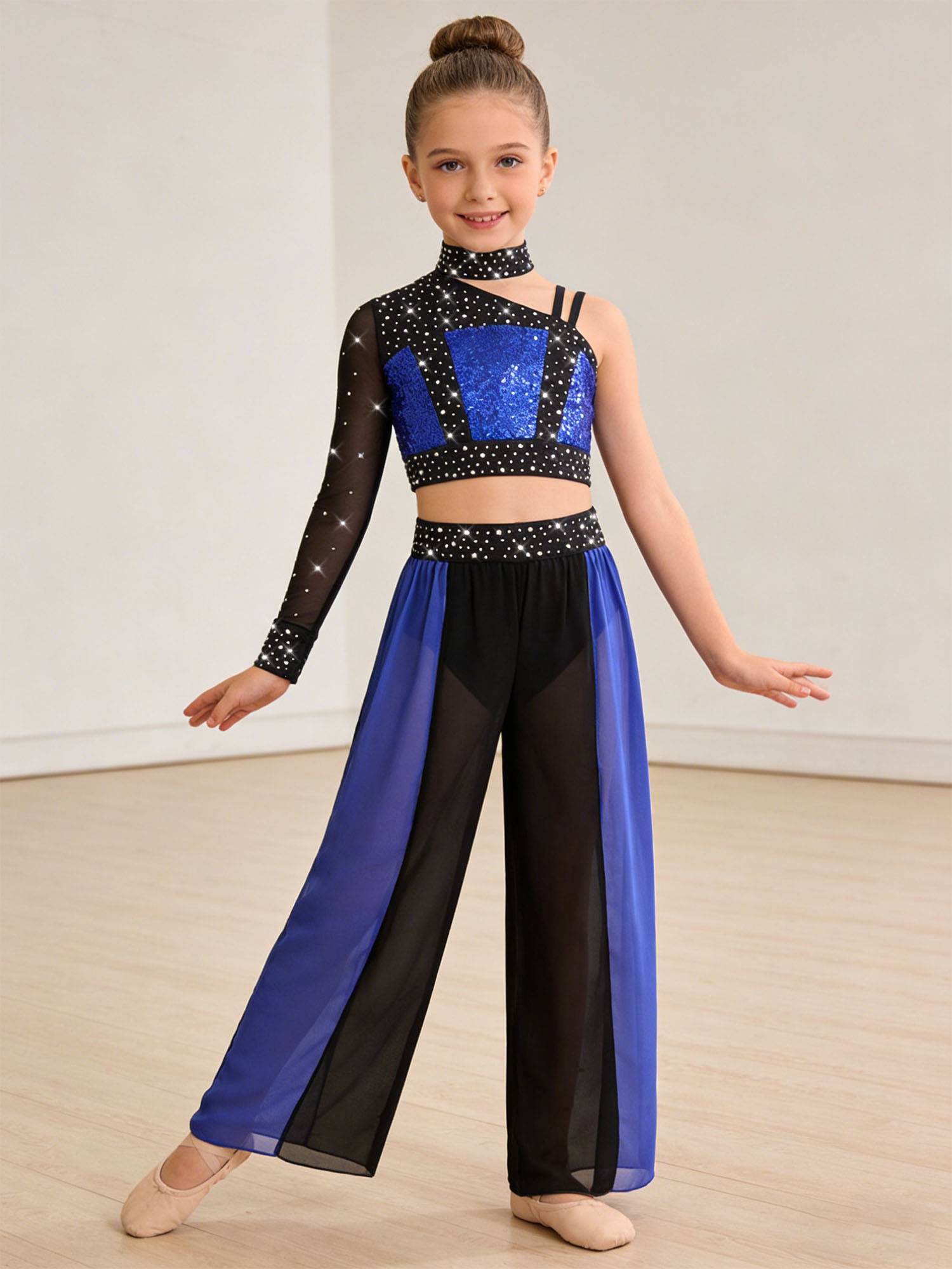 Girls 2pcs Lyrical Dance Outfit Sequin Crop Top with Chiffon Pants for Stage